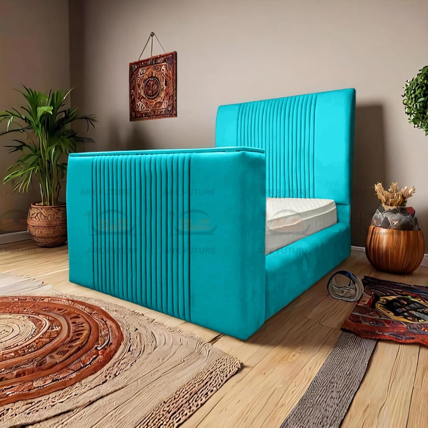 Genna Plush TV Bed Frame – Modern Upholstered Bed with TV Lift & Storage