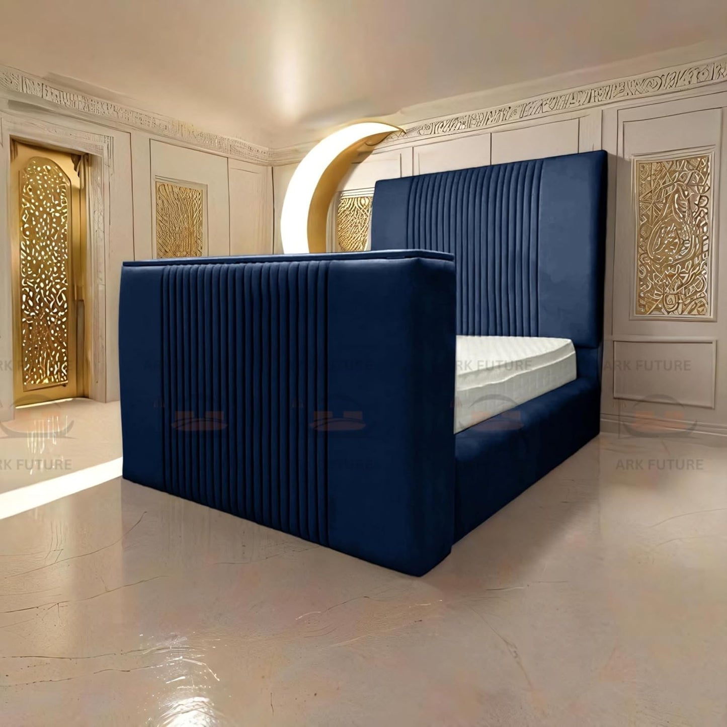 Genna Plush TV Bed Frame – Modern Upholstered Bed with TV Lift & Storage