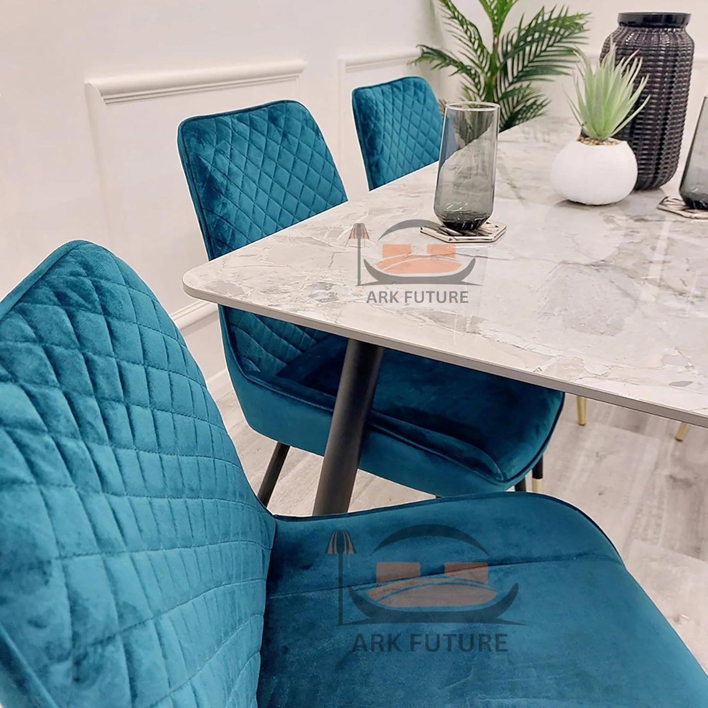 Luna Plush Velvet Dining Chairs – Set of 2, Teal with Metal Legs