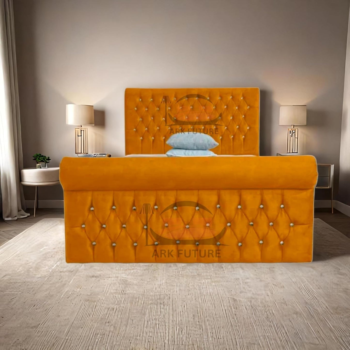 Aveline Upholstered Bed Frame with Velvet or Fabric Finish