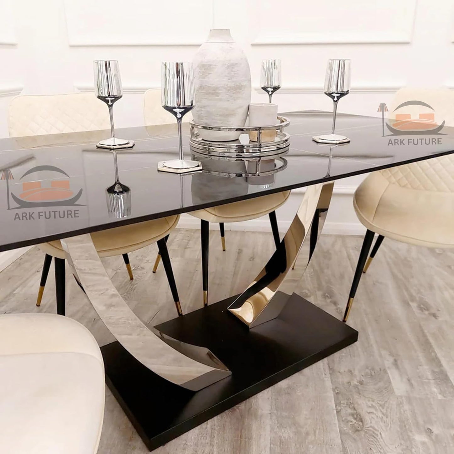 Venus 1.6M Dining Table, Black Stone Top, Chrome Legs