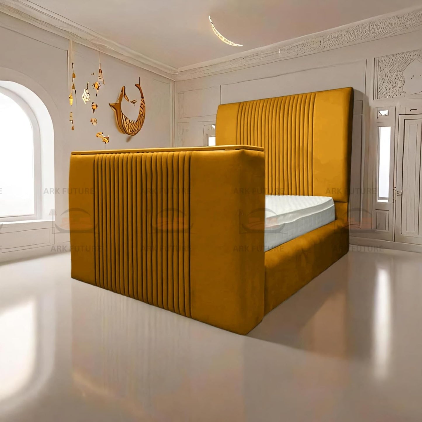 Genna Plush TV Bed Frame – Modern Upholstered Bed with TV Lift & Storage