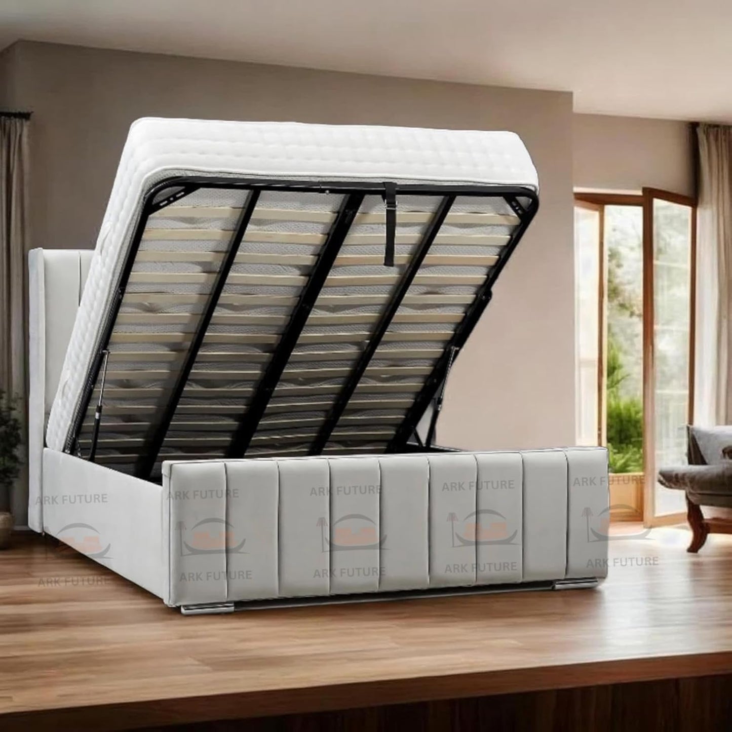 Amelia Panel Wing Ottoman Bed Frame – Upholstered Storage Bed with Gas Lift