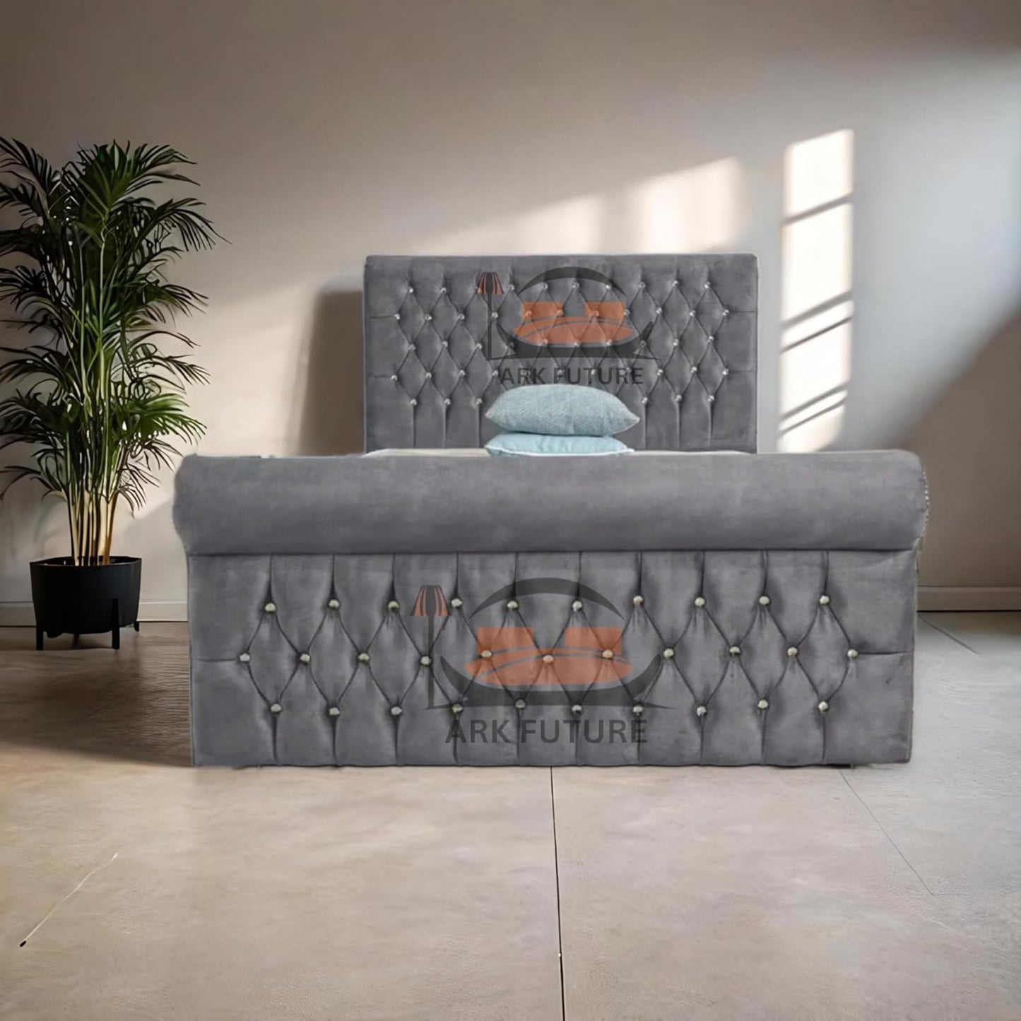 Aveline Upholstered Bed Frame with Velvet or Fabric Finish