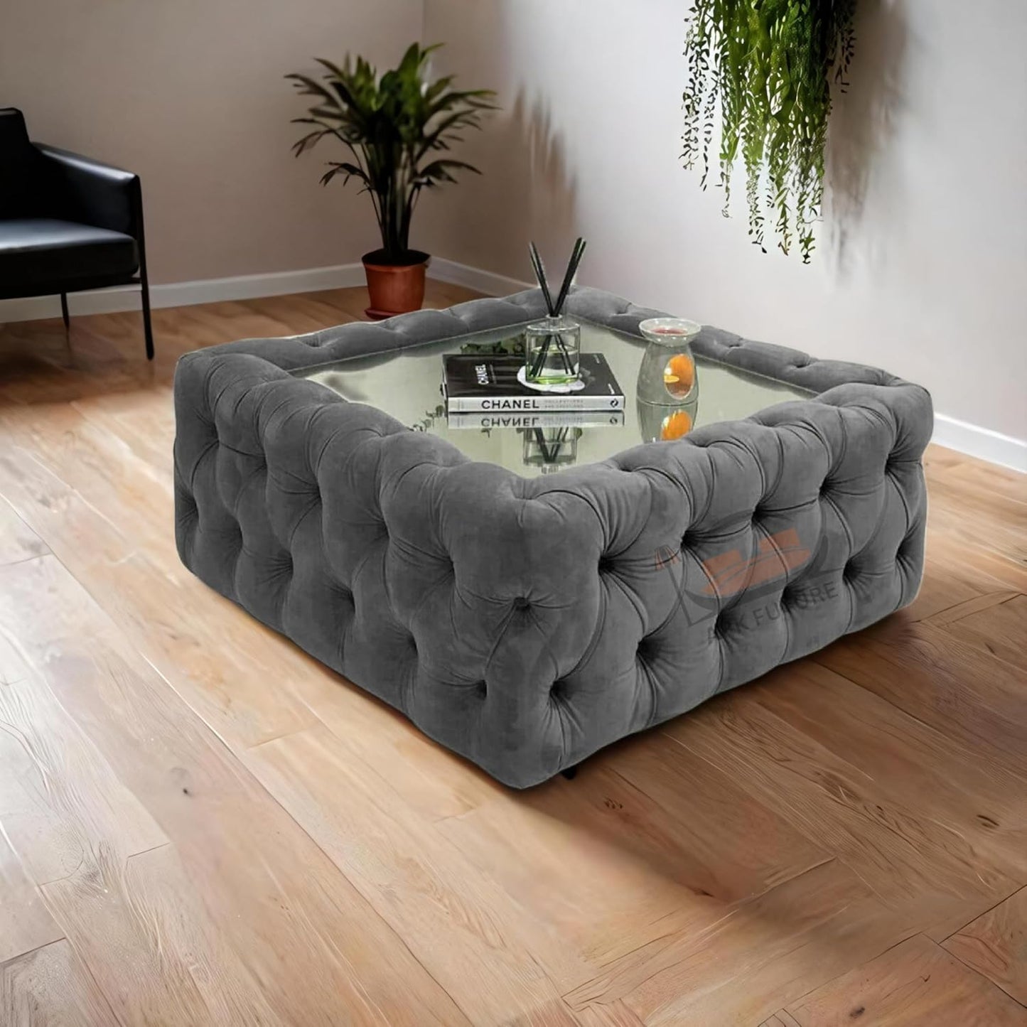 Mirrored Chesterfield Coffee Table & Plush Velvet Footstool