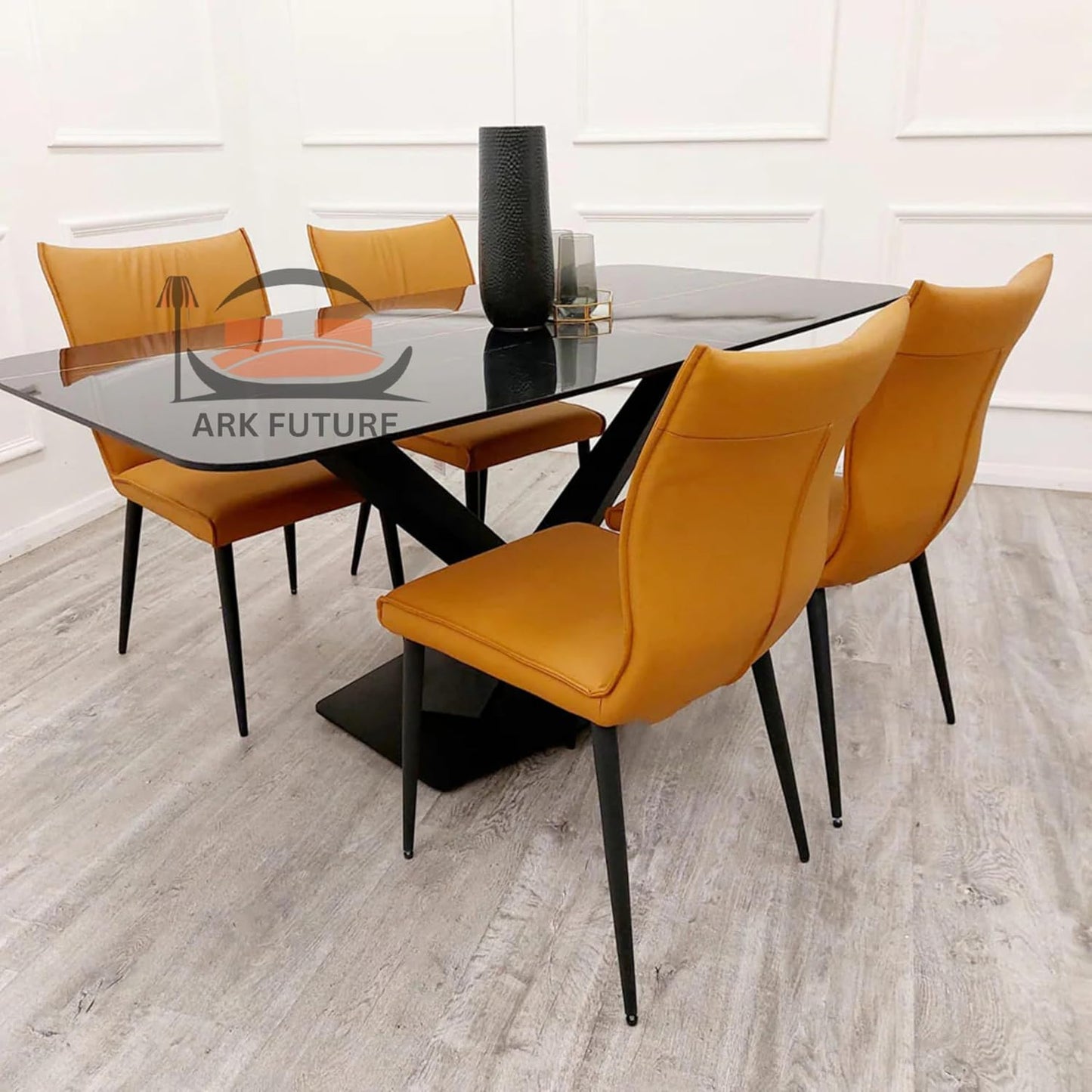 Apollo 1.6M Dining Table, Black Stone Top, X-Leg Base