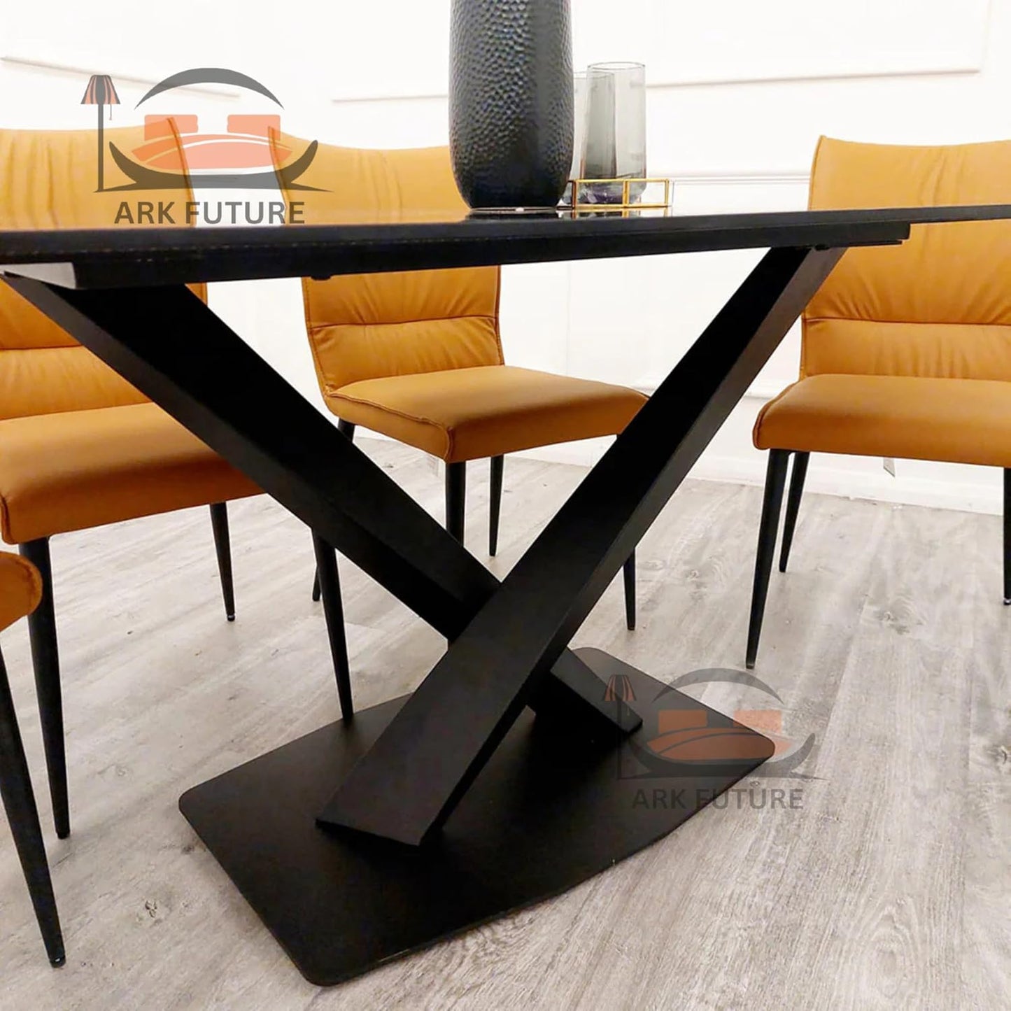Apollo 1.6M Dining Table, Black Stone Top, X-Leg Base