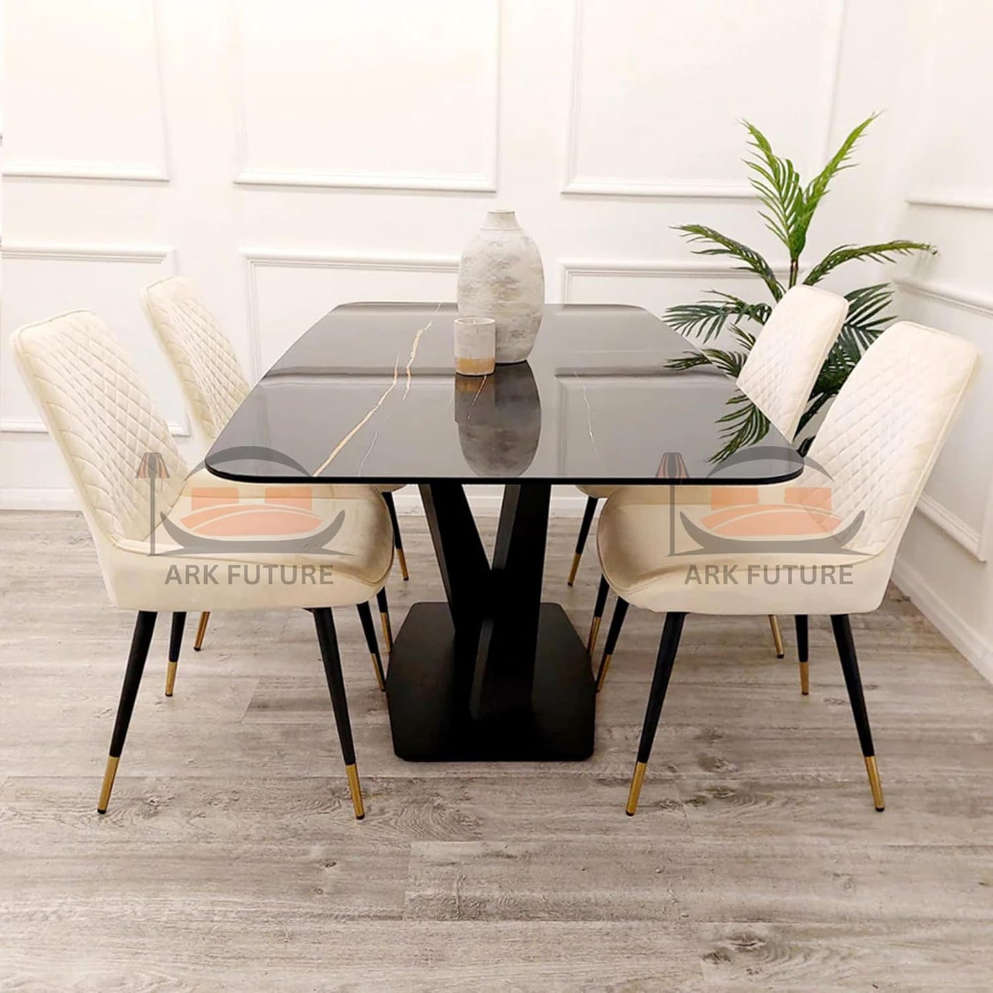 Apollo 1.6M Dining Table, Black Stone Top, X-Leg Base