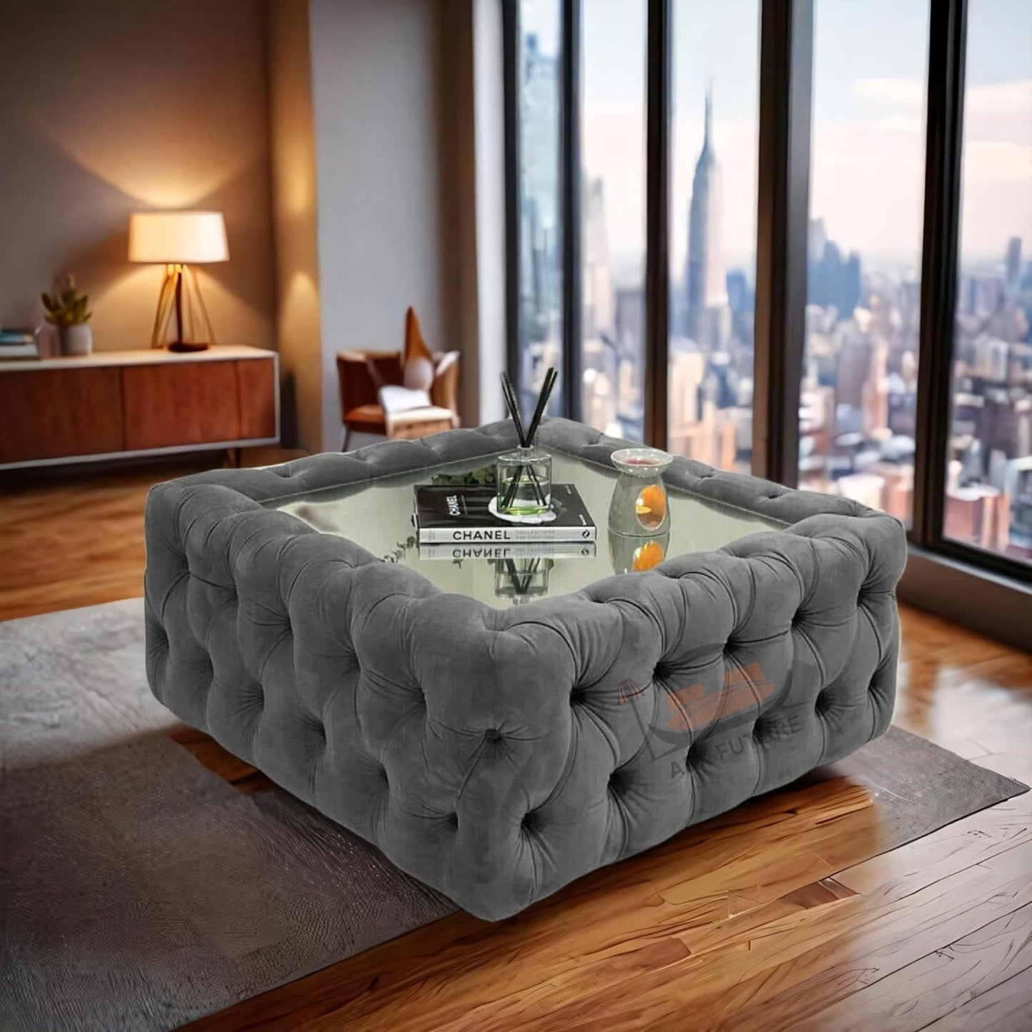 Mirrored Chesterfield Coffee Table & Plush Velvet Footstool