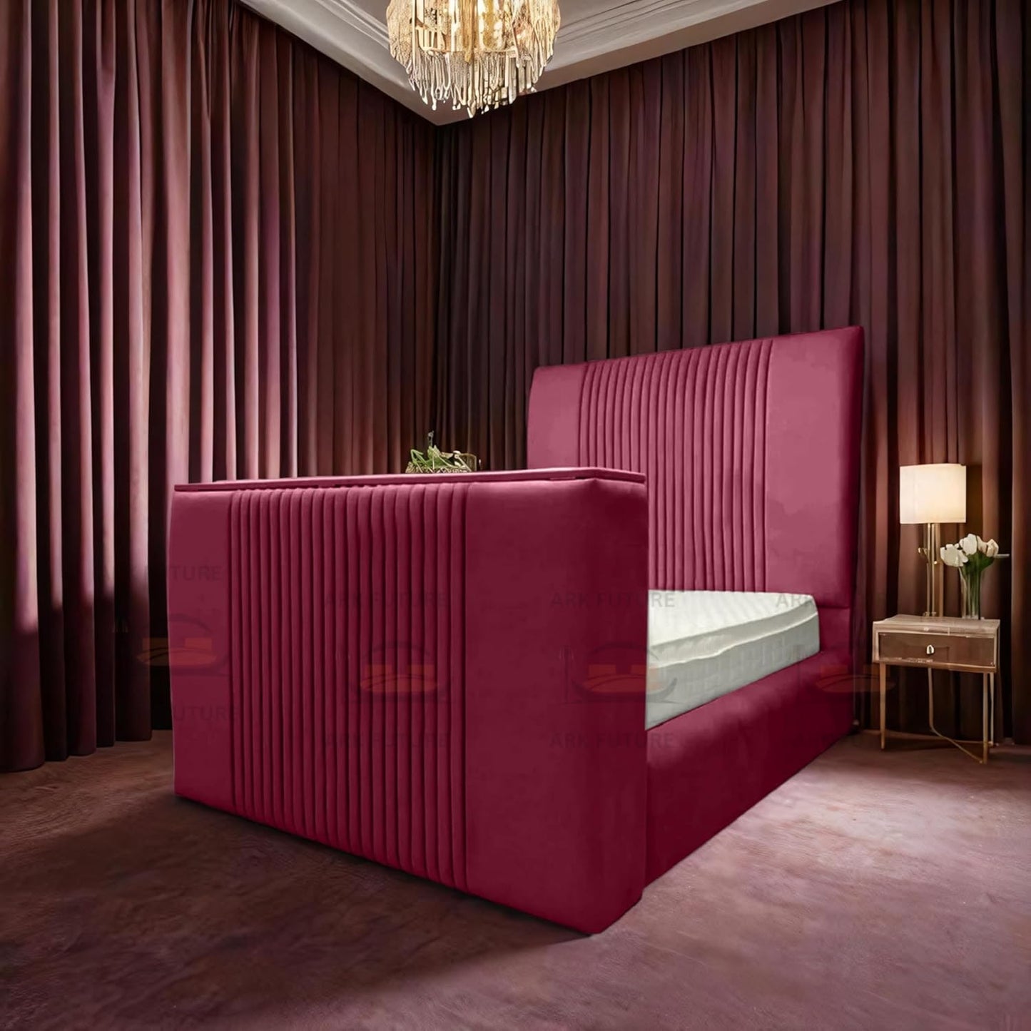 Genna Plush TV Bed Frame – Modern Upholstered Bed with TV Lift & Storage