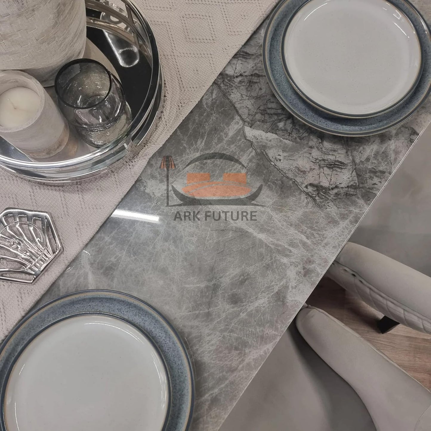 Luxury Roma Dining Table – Crystal Grey Marble Top with Textured Metal Stand