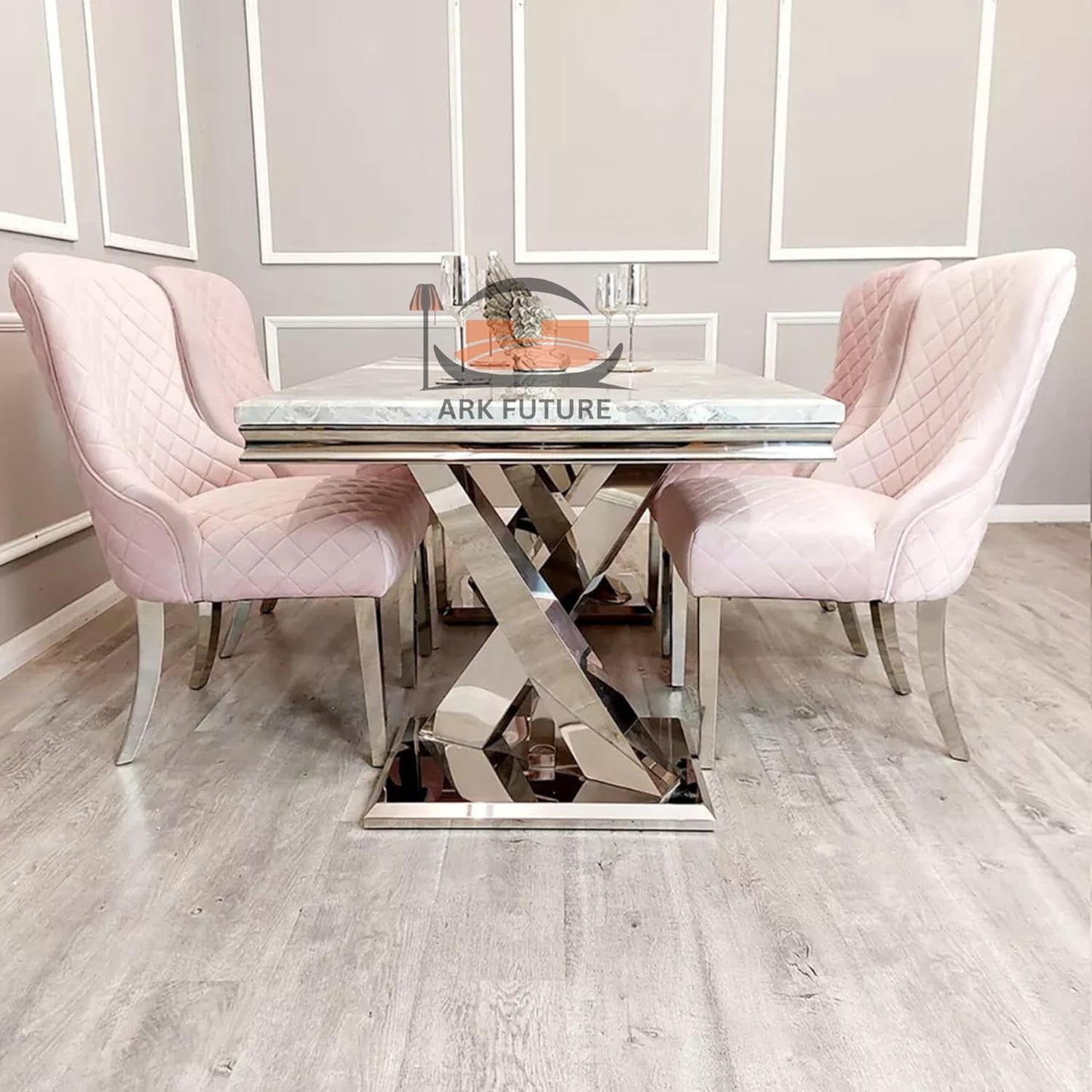 Kate Pink Velvet Dining Chairs – Set of 4, Chrome Legs, Back Clasp