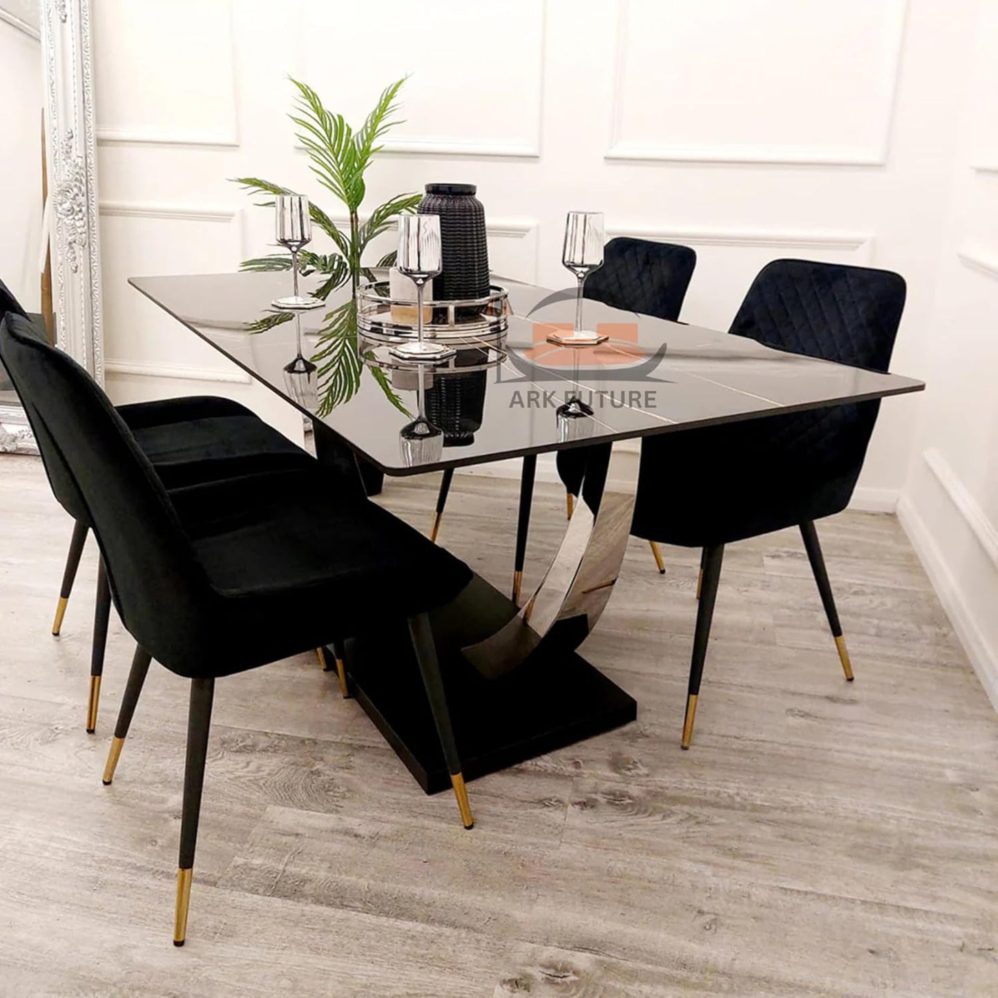 Venus 1.6M Dining Table, Black Stone Top, Chrome Legs