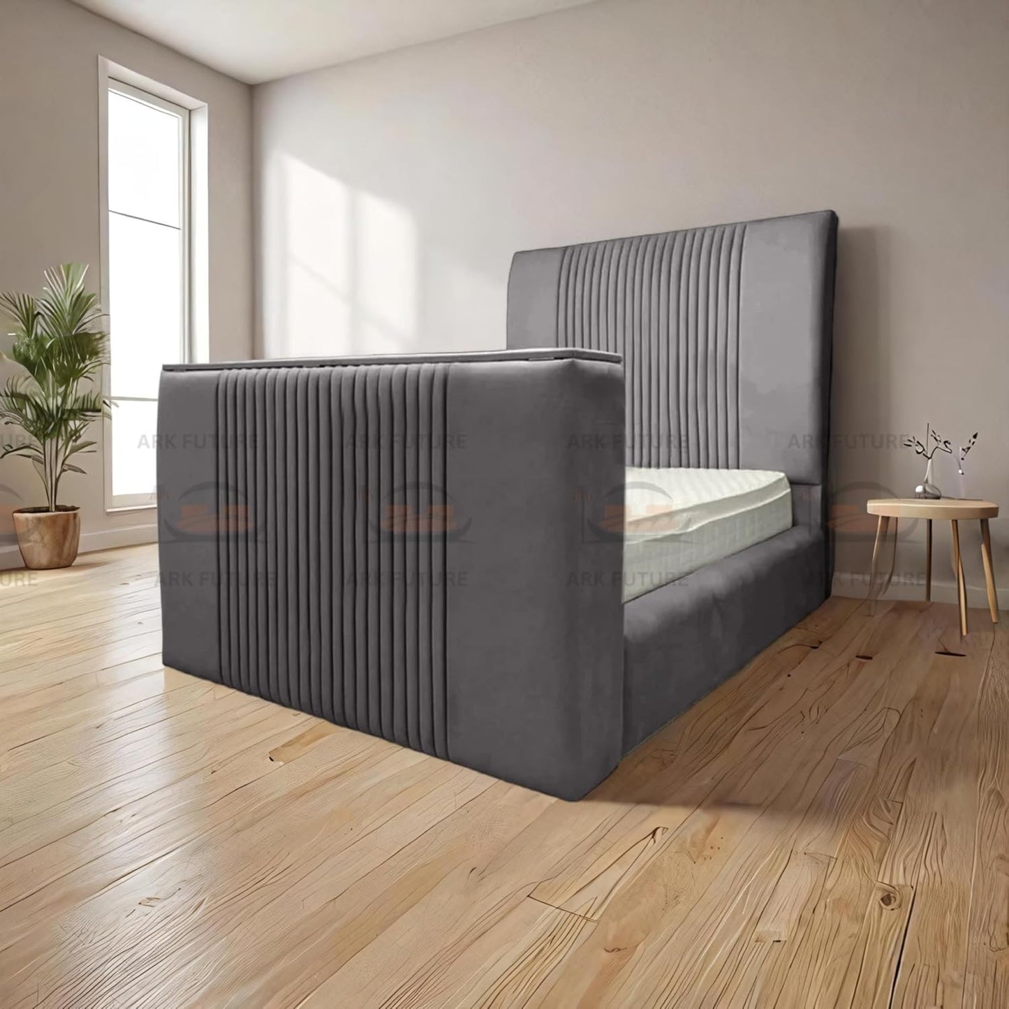 Genna Plush TV Bed Frame – Modern Upholstered Bed with TV Lift & Storage
