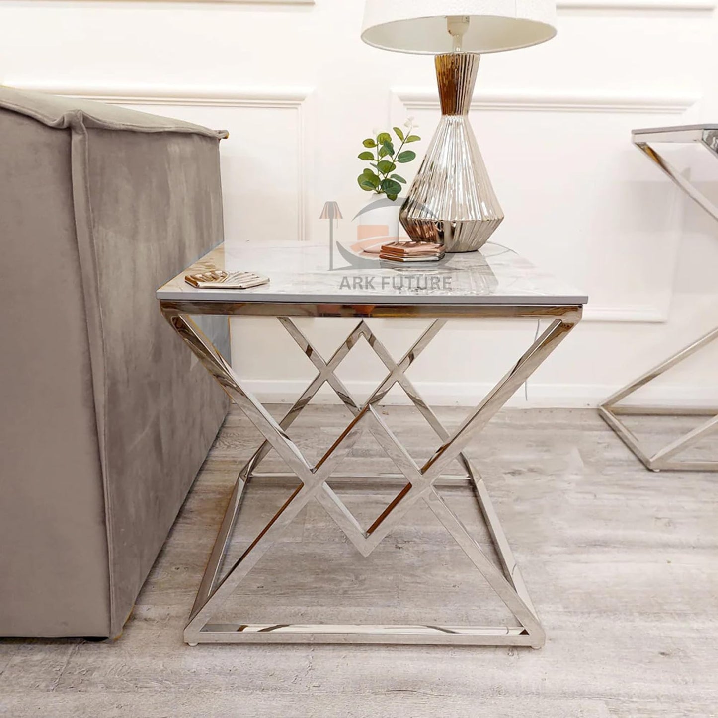 Vesta Chrome Lamp Table with Ash Sintered Stone Top