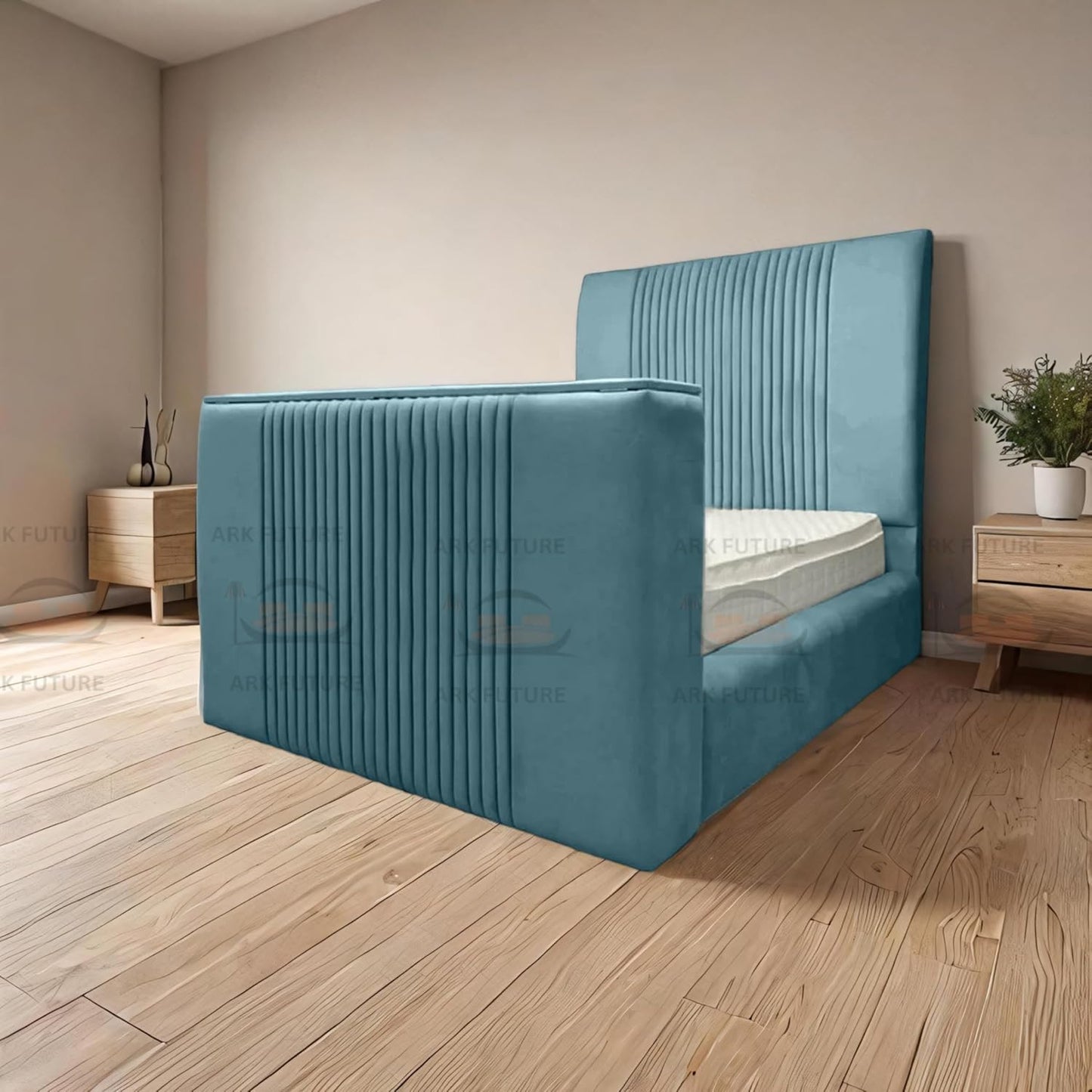Genna Plush TV Bed Frame – Modern Upholstered Bed with TV Lift & Storage
