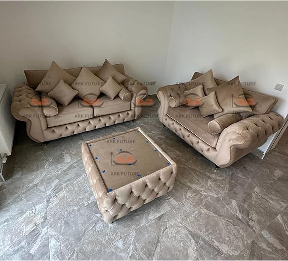 Malibo Beige Plush Velvet, 3 plus 2 Seater Sofa Set with Coffee Table