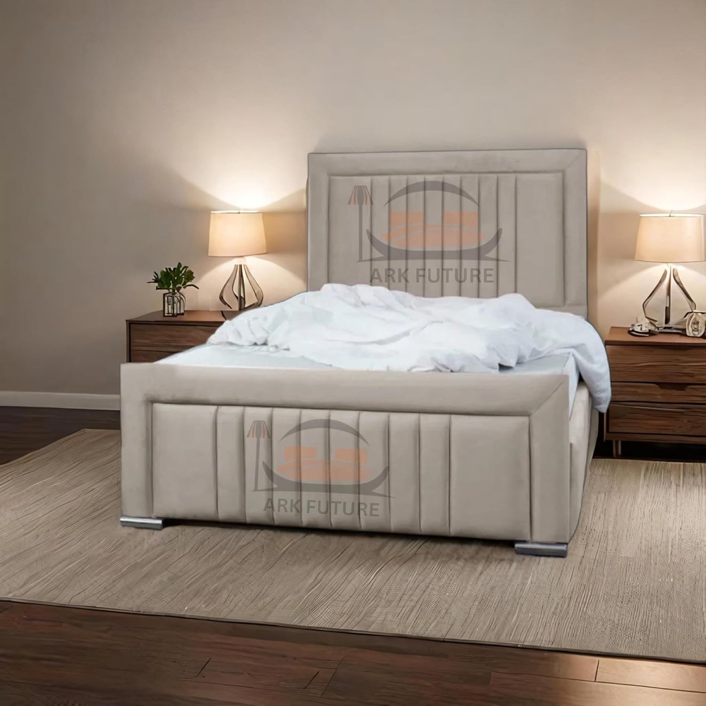 Dean Sand Upholstered Bed Frame – Modern Design, Sturdy Wood, Padded Headboard