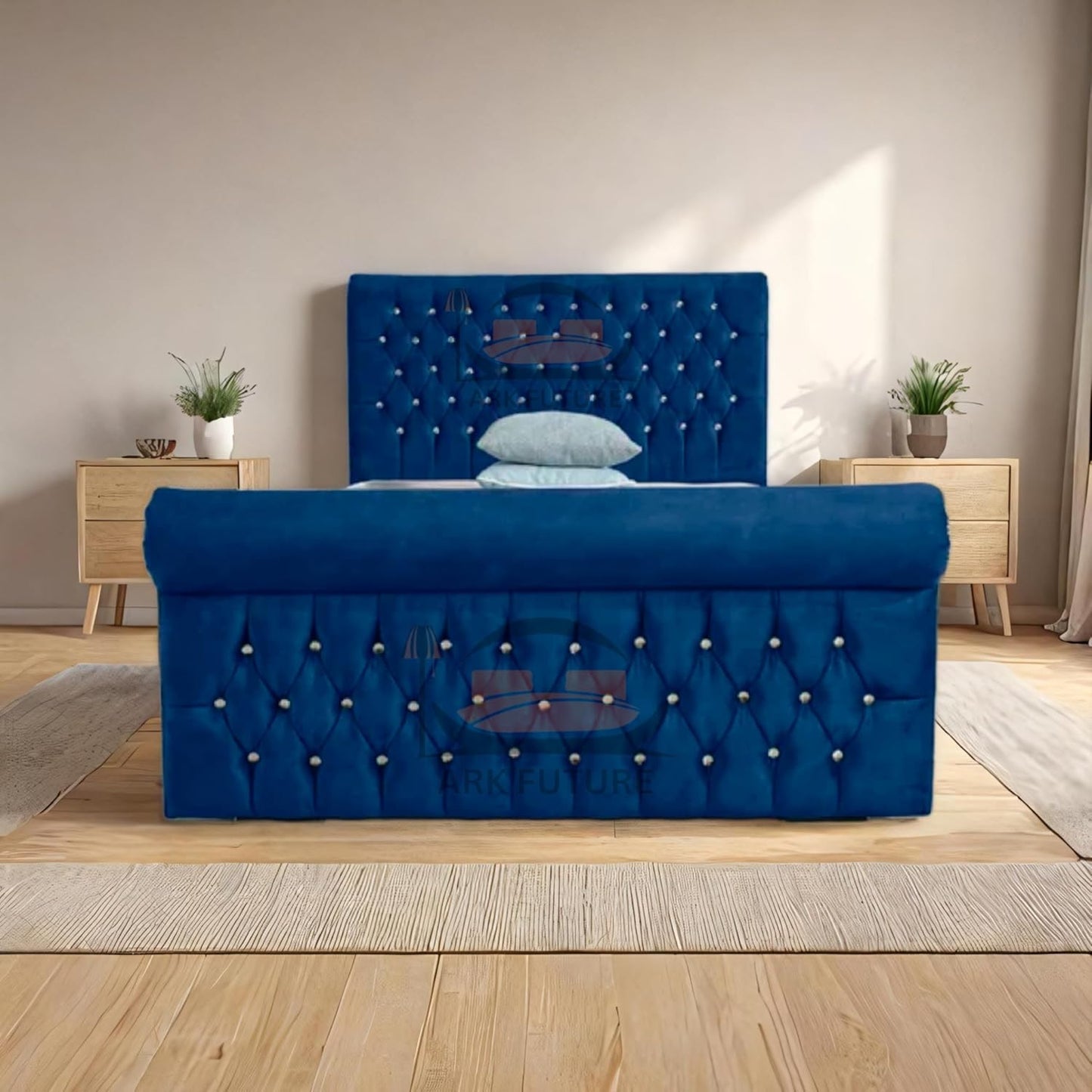 Aveline Upholstered Bed Frame with Velvet or Fabric Finish