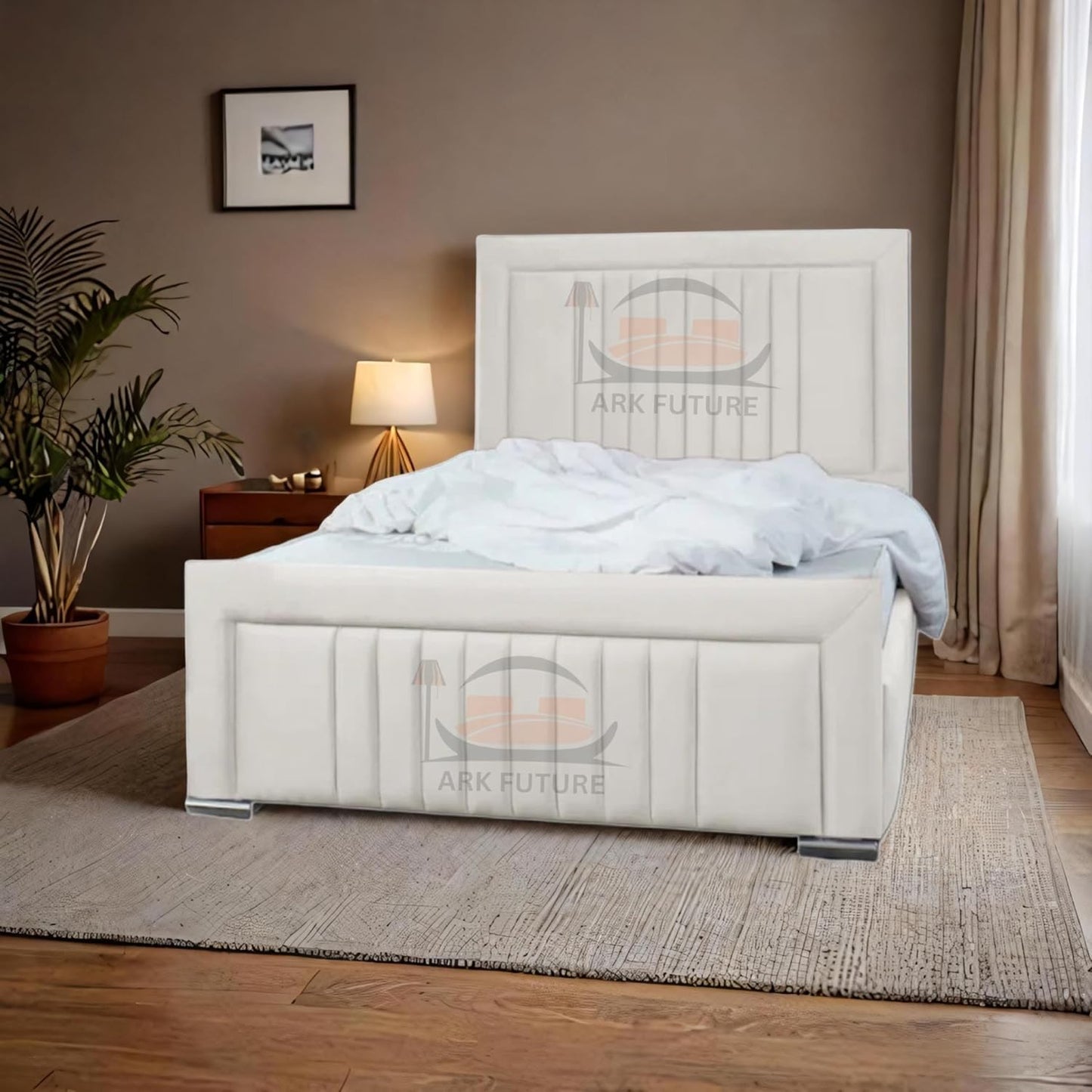 Dean Sand Upholstered Bed Frame – Modern Design, Sturdy Wood, Padded Headboard