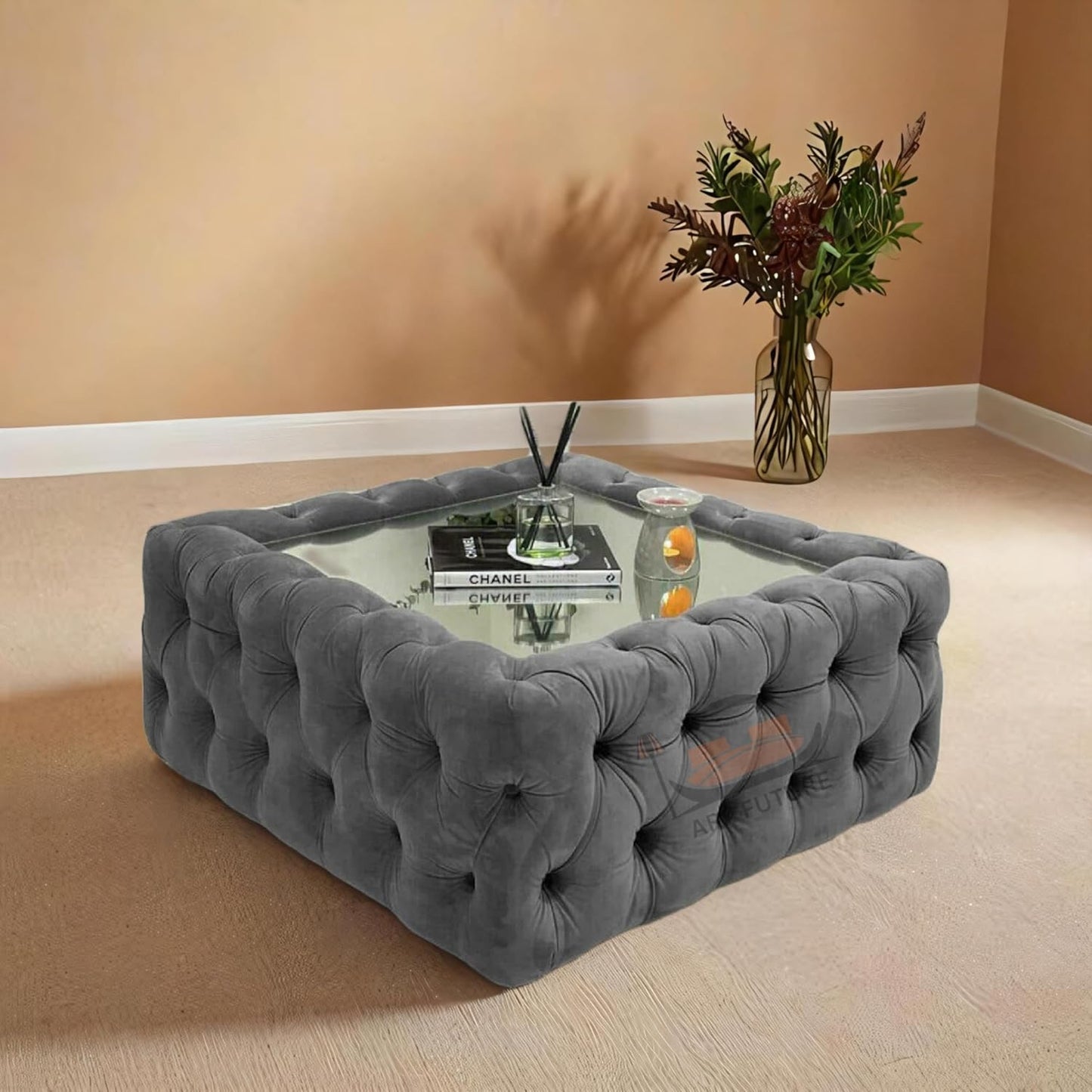 Mirrored Chesterfield Coffee Table & Plush Velvet Footstool