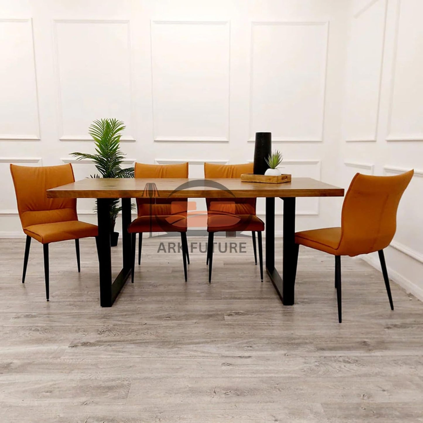 Freya 1.8m Solid Pine Dining Table with Black Metal Legs & 4 Flora Tan Leather Chairs