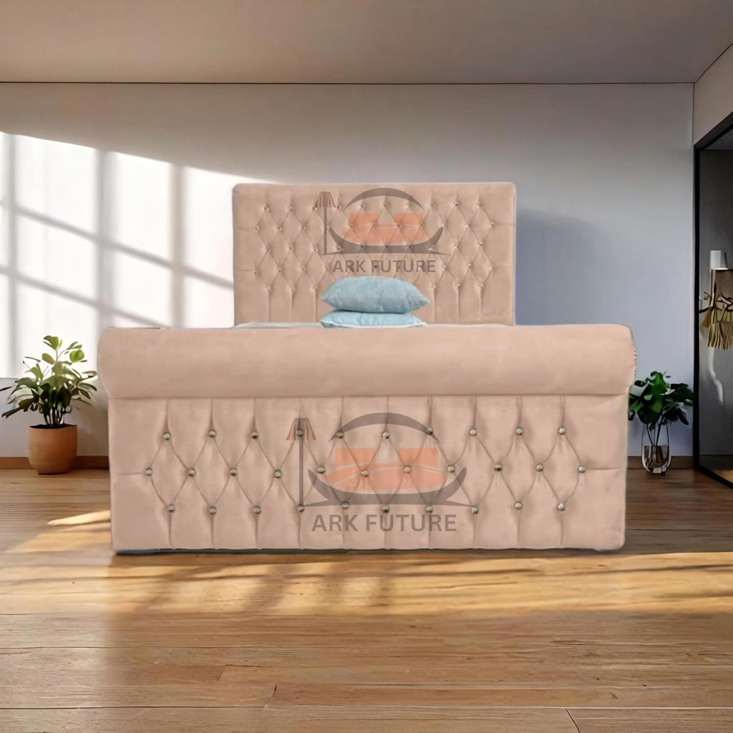 Aveline Upholstered Bed Frame with Velvet or Fabric Finish
