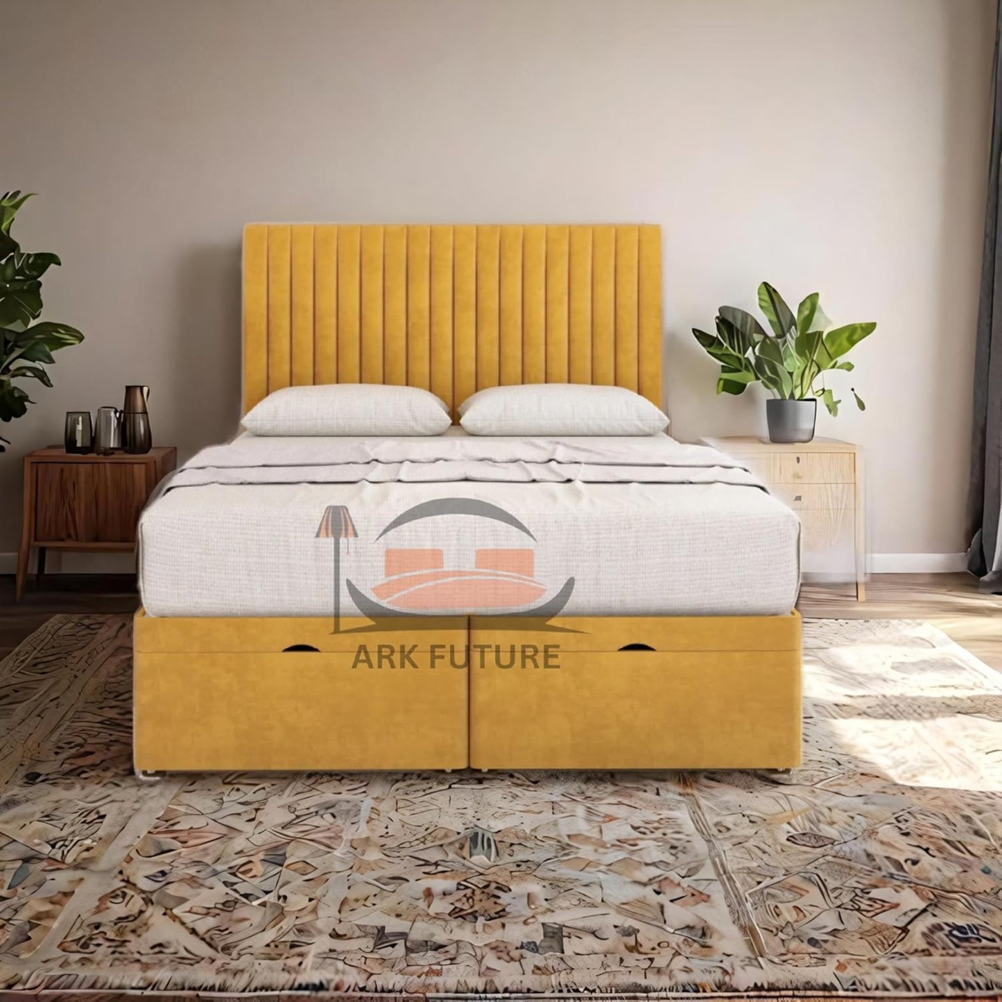 Sleek Ottoman Plush Fabric Bed Frame with Storage