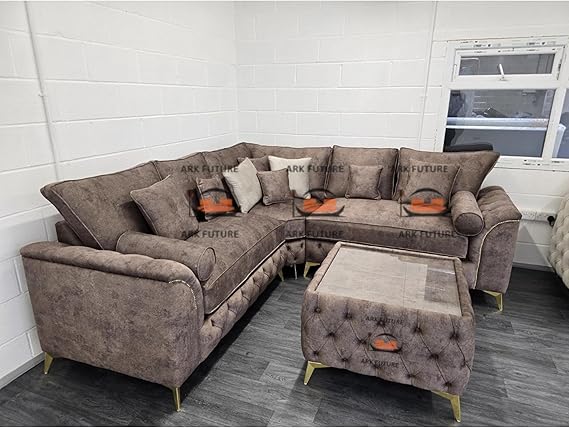 Trendy Chesterfield Corner Sofa with Coffee Table in Plush Velvet Fabric