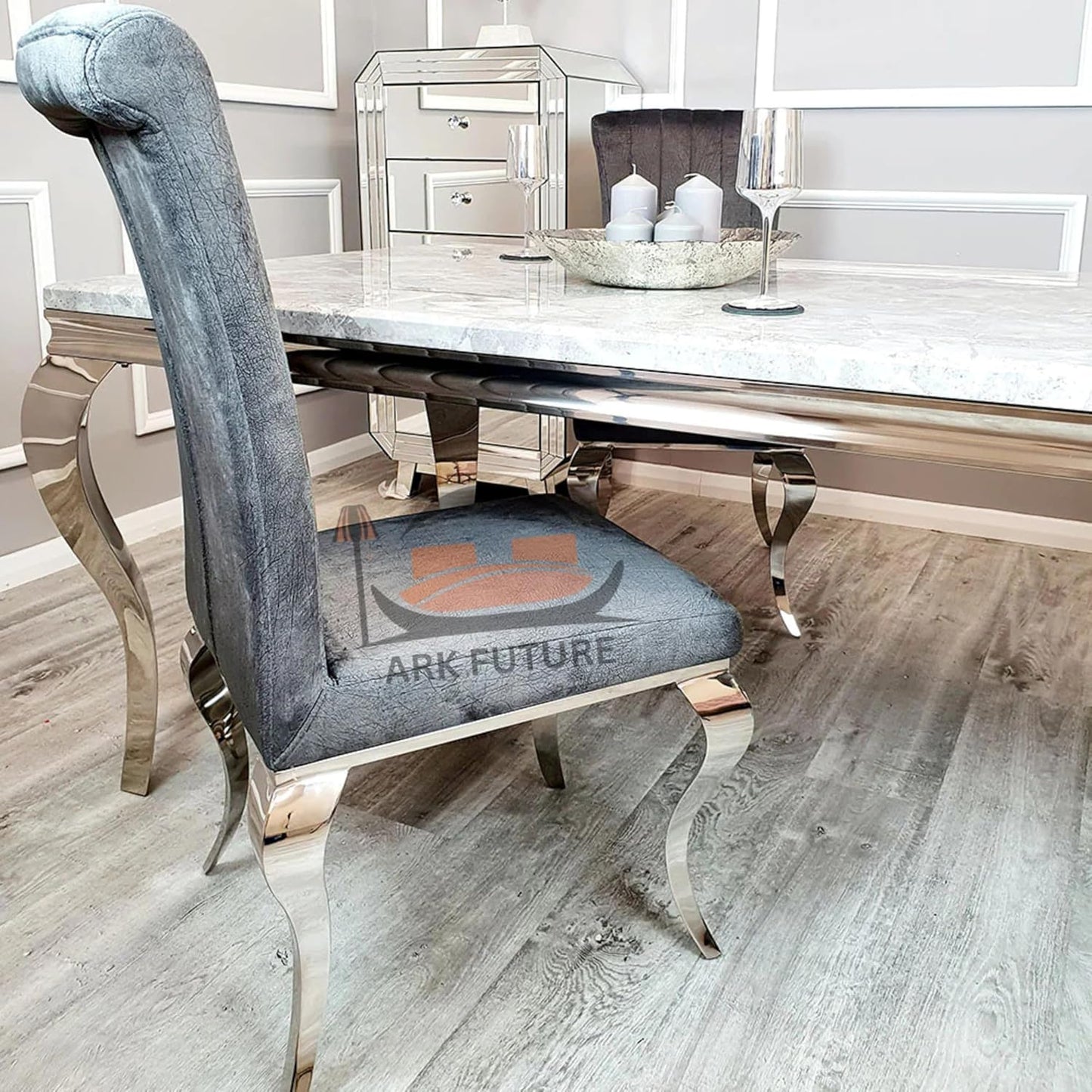 Nicole Grey Leather Dining Chairs – Set of 6, Chrome Legs