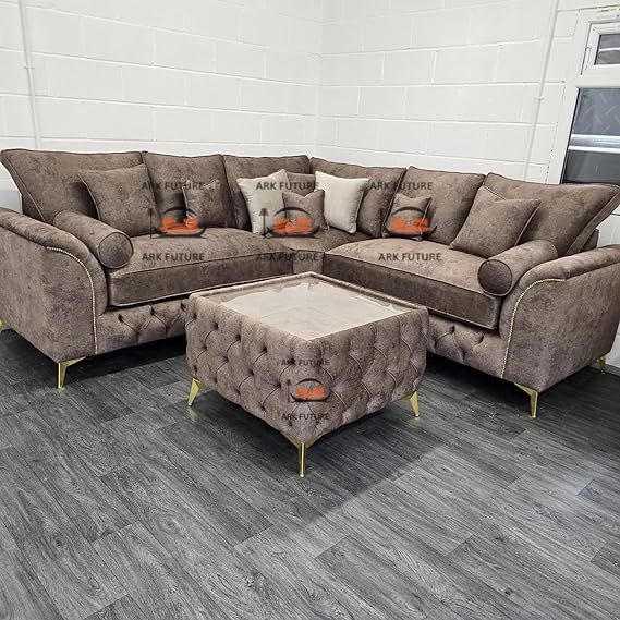 Trendy Chesterfield Corner Sofa with Coffee Table in Plush Velvet Fabric
