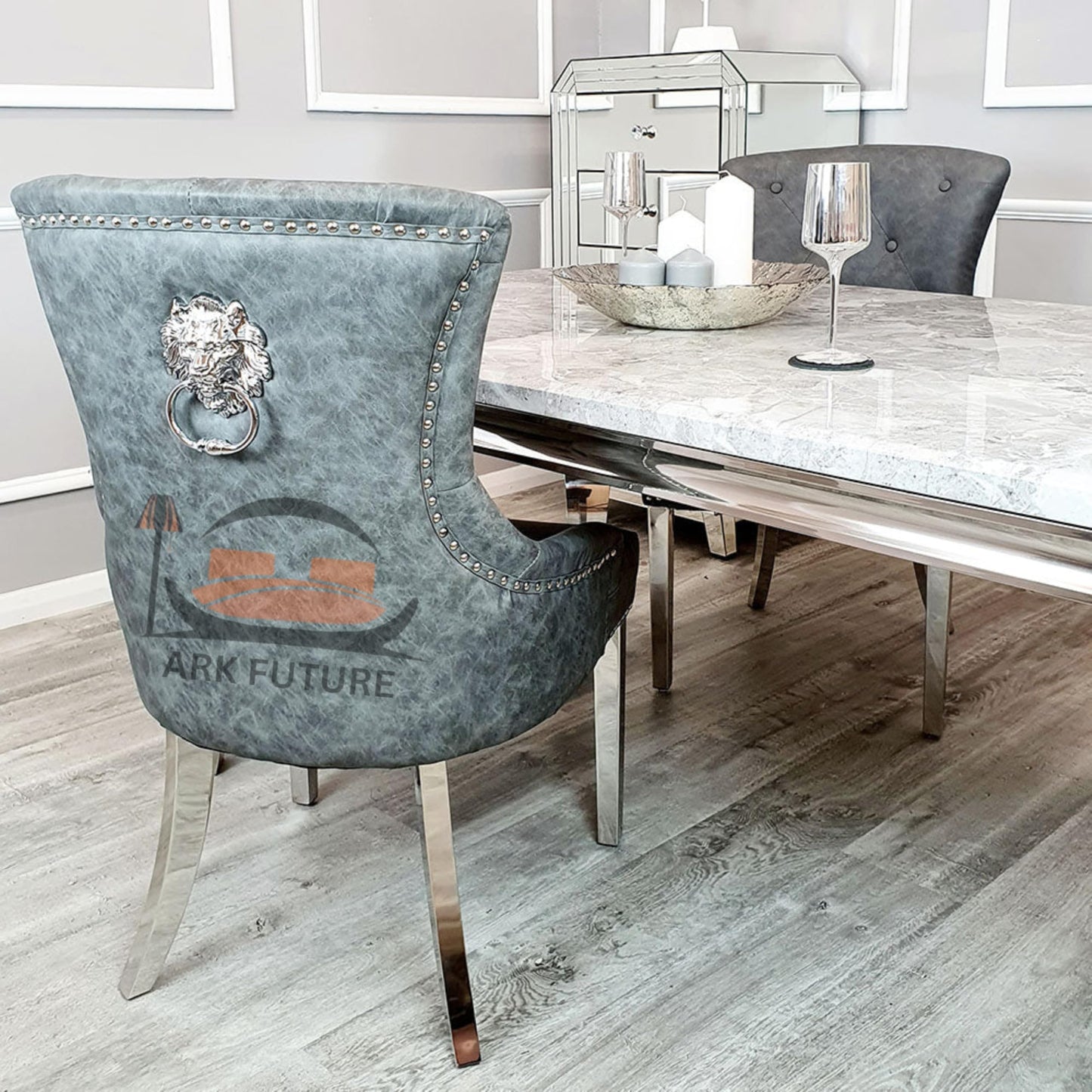 Megan Ring Velvet Dining Chairs, Set of 4 - Lion Knocker Design, Chrome Legs