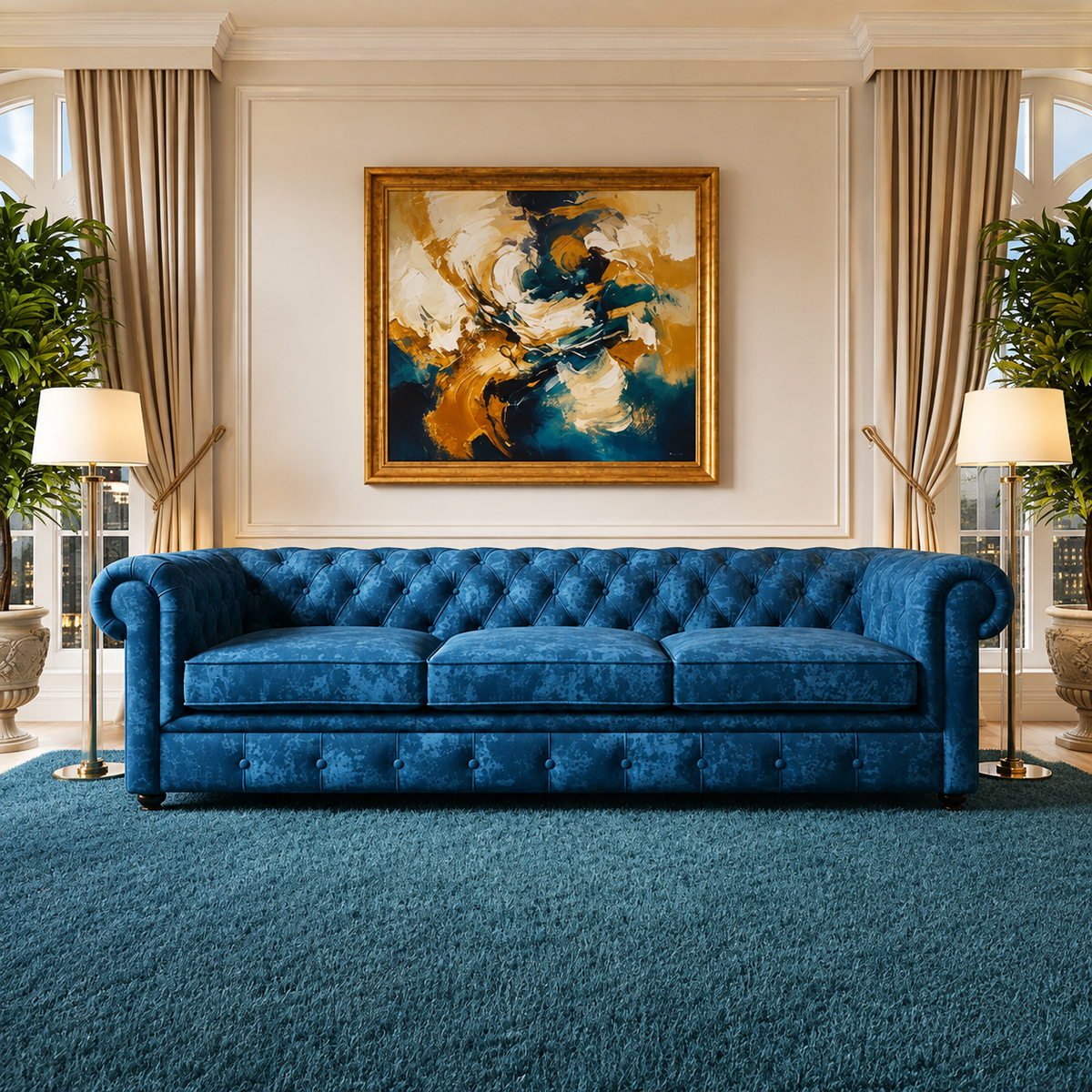 Tuxedo Rolled Arm Luxury Sofa In Chesterfield Style In Plush Velvet Fabric