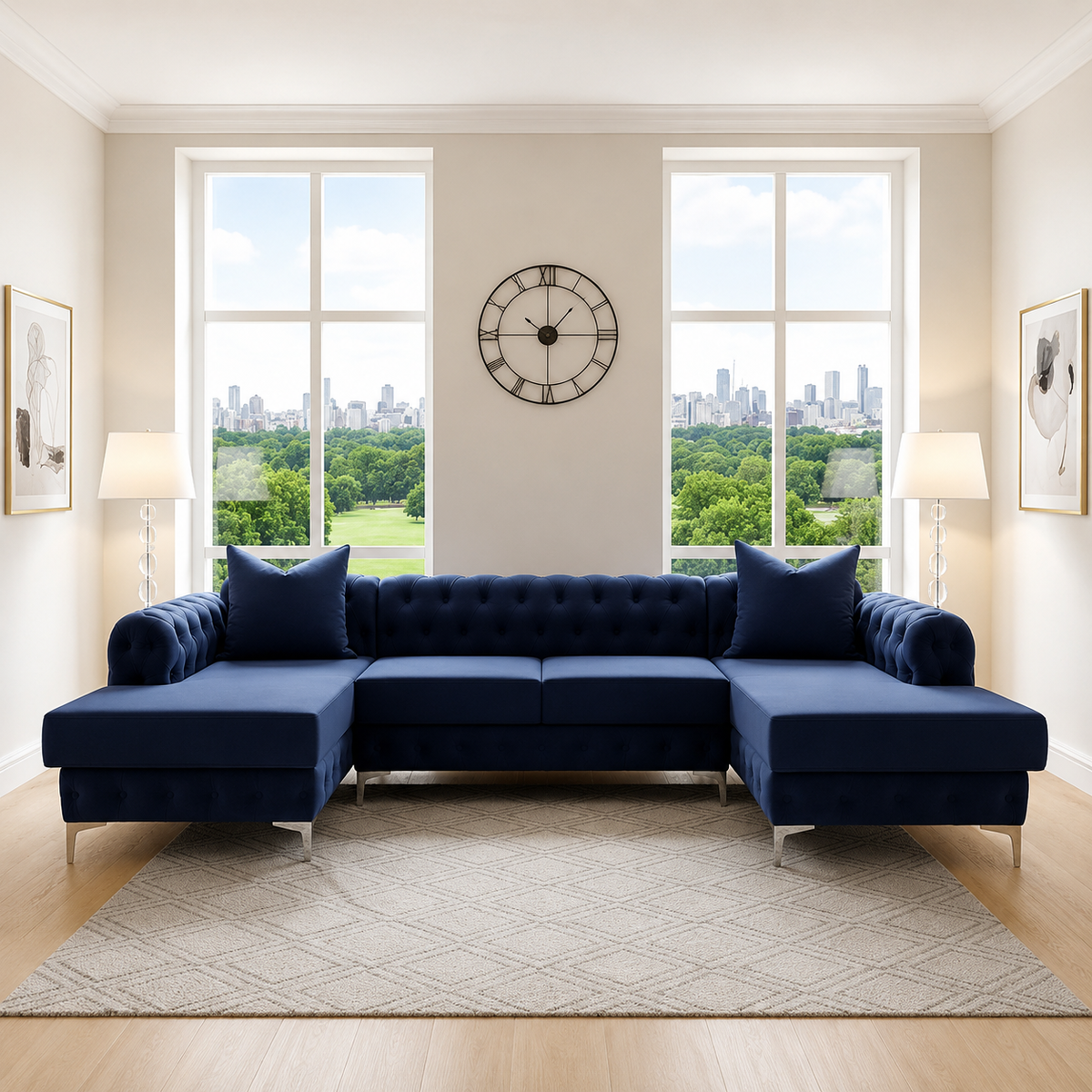 Royal Blue Velvet U Shaped 6 Seater Corner Sofa Chesterfield Velvet Chaise Couch