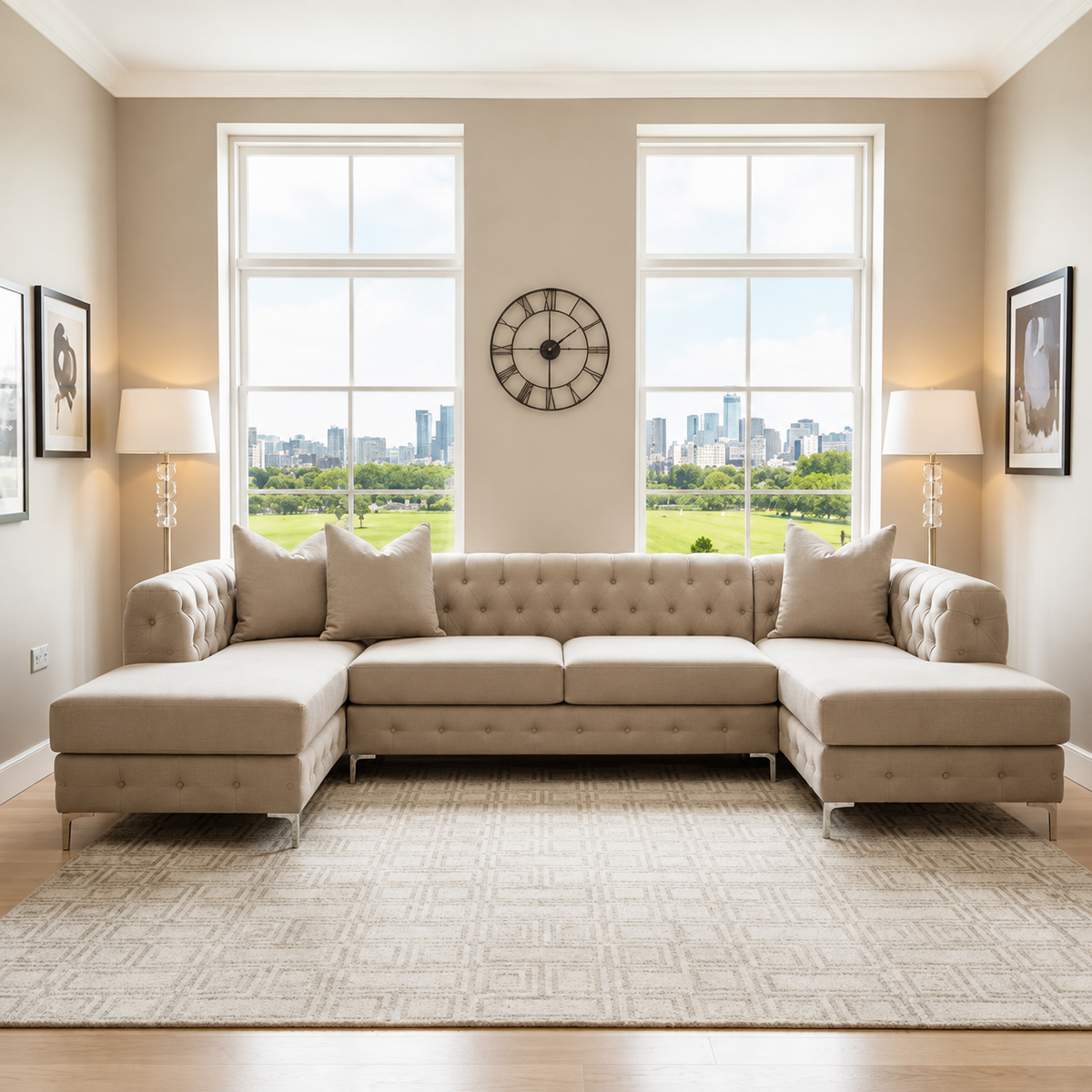 Cream Velvet U Shaped 6 Seater Corner Sofa Chesterfield Velvet Chaises