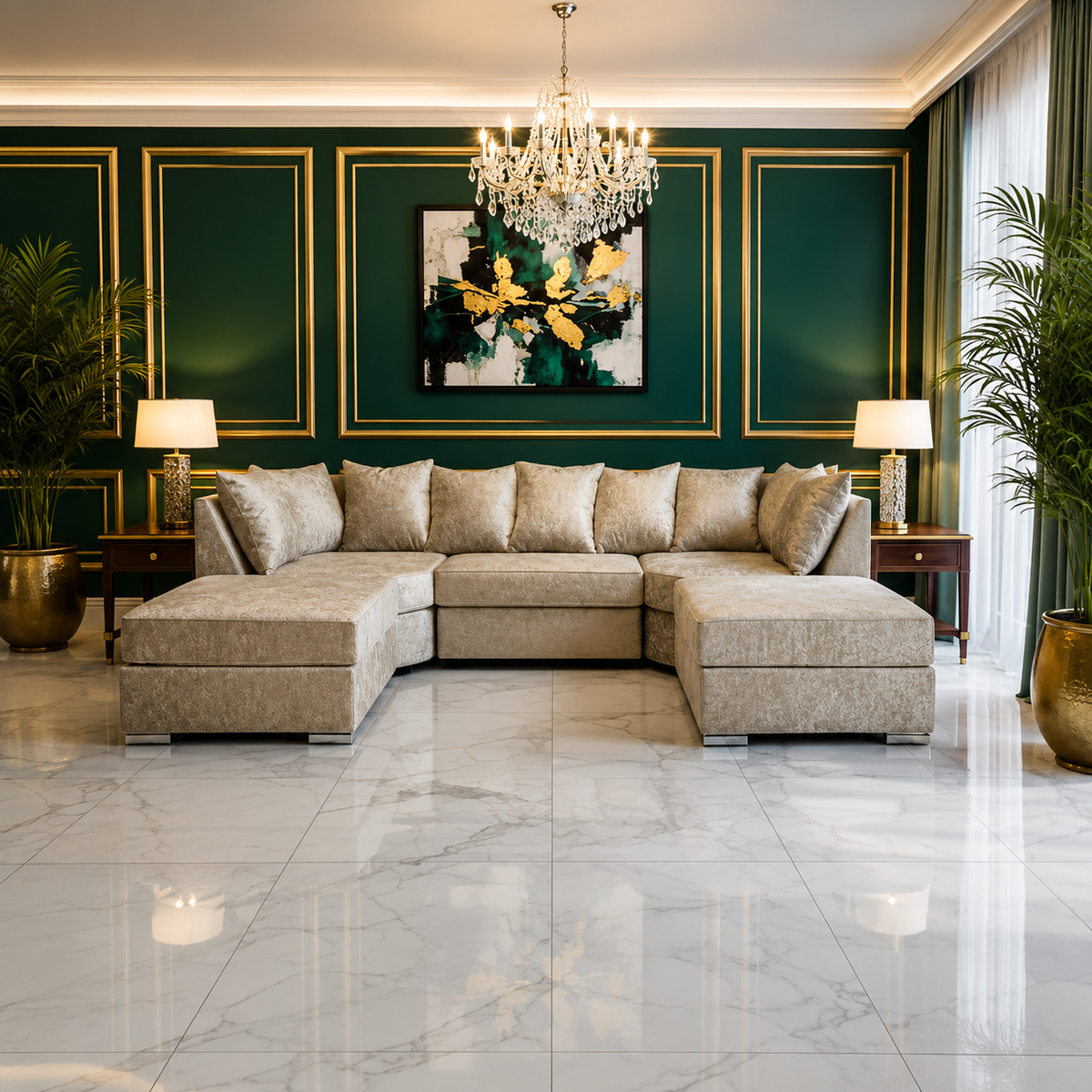 Modern U-Shape Sofa in Crushed Golden Velvet Fabric