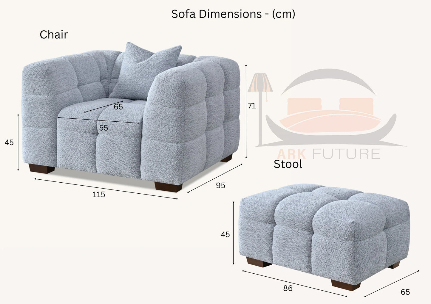 Aluxo Tribeca Comfortable Sofa in Pearl Boucle Fabric