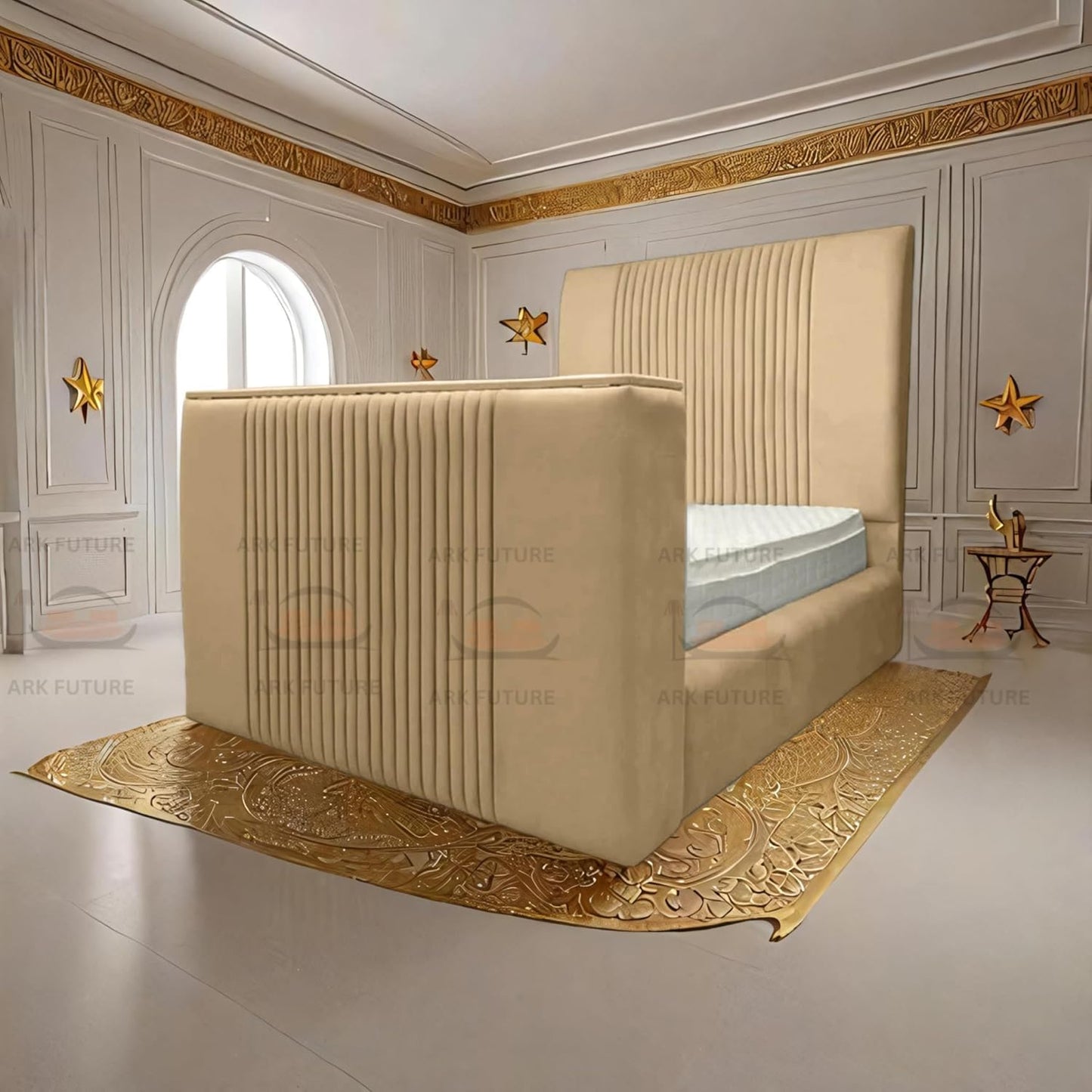 Genna Plush TV Bed Frame – Modern Upholstered Bed with TV Lift & Storage