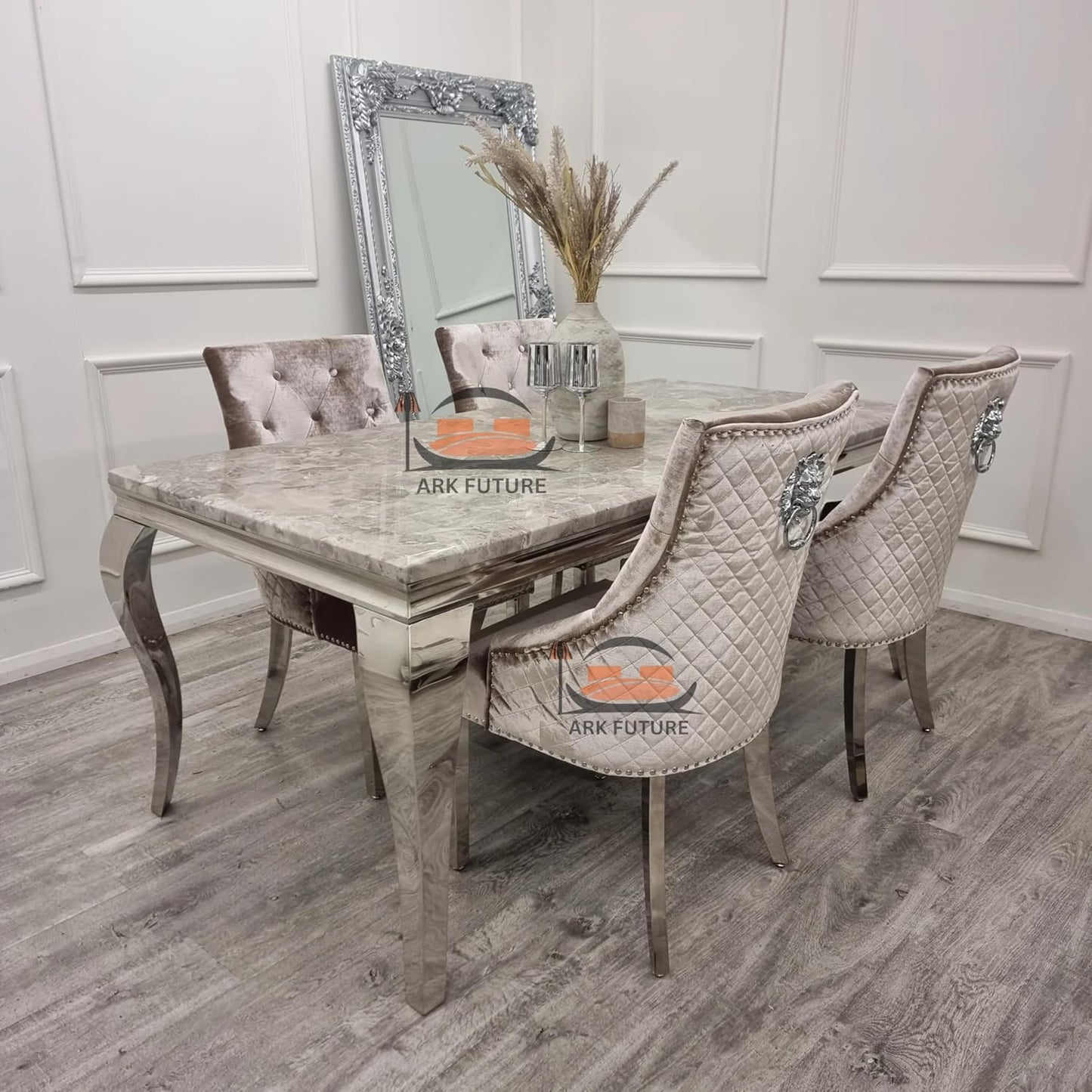 Bentley Luxury Velvet Dining Chairs β Chrome Legs, Lion Knocker