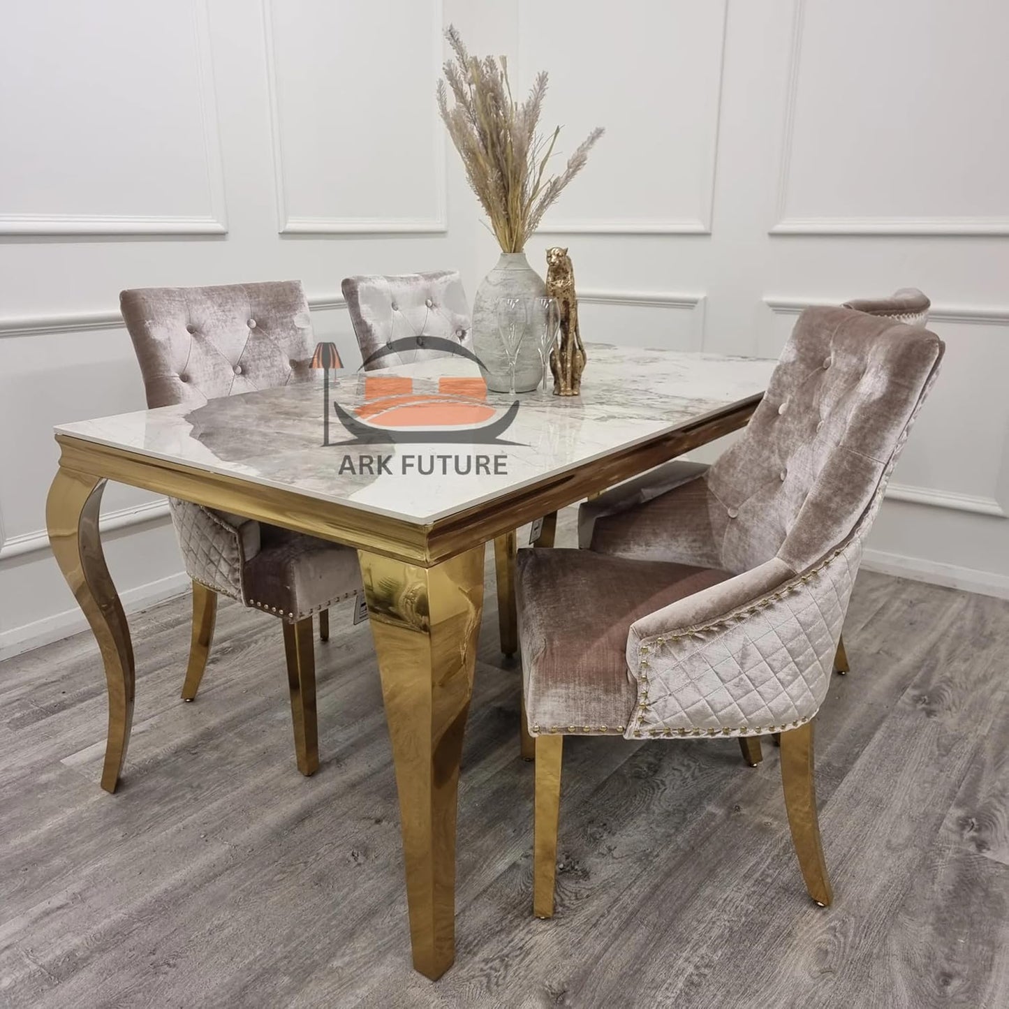 Bentley Luxury Velvet Dining Chairs β Gold Legs, Lion Knocker
