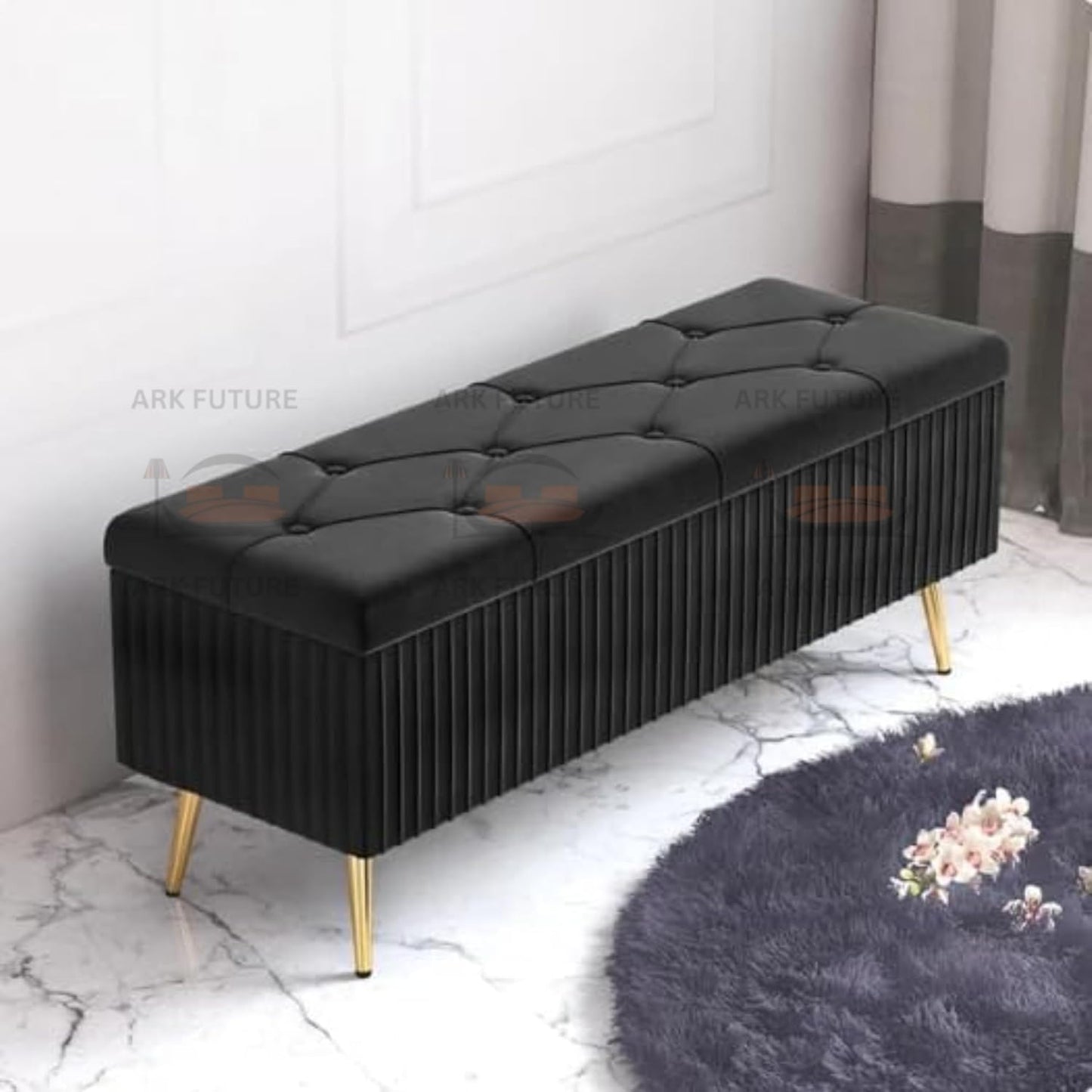 Puffy Modern Ottoman Storage Velvet Bench with Gold Metal Legs - Upholstered