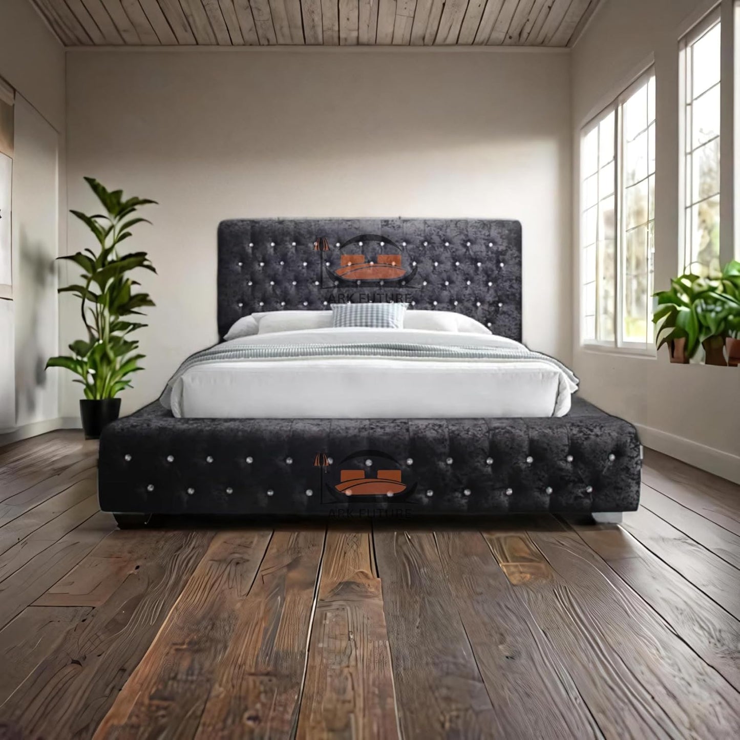 Geneva Crushed Velvet Tufted Bed Frame with Headboard