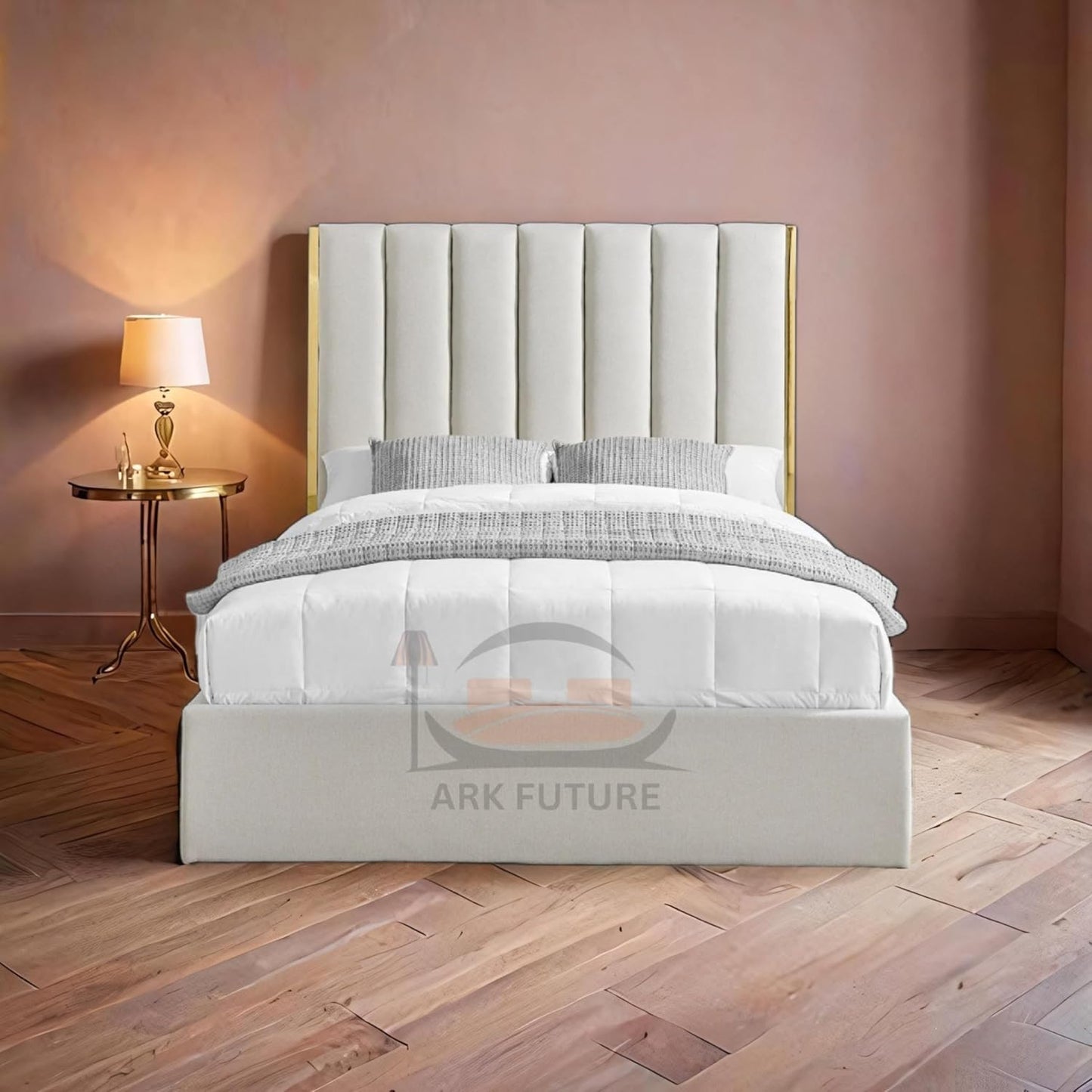 Aurora Fabric Bed with Gold Trim & Ottoman Storage