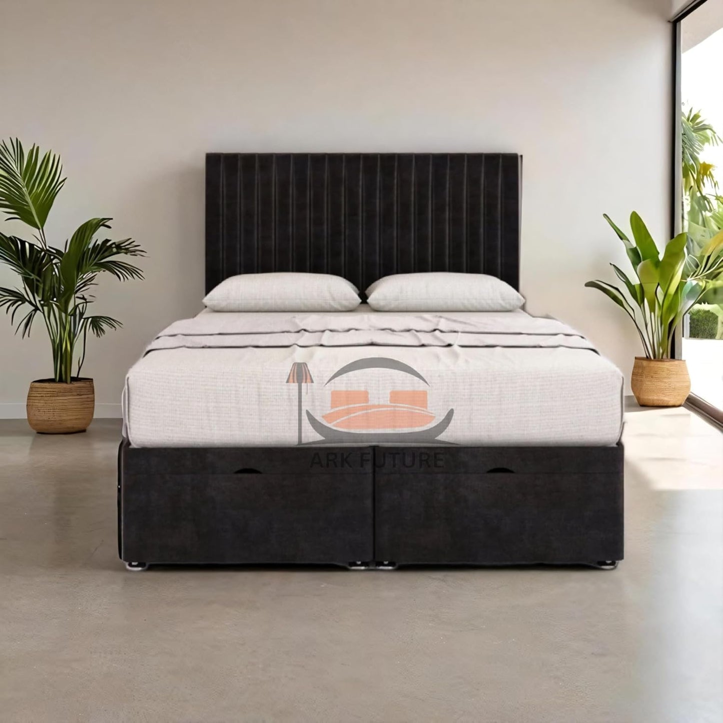 Sleek Ottoman Plush Fabric Bed Frame with Storage