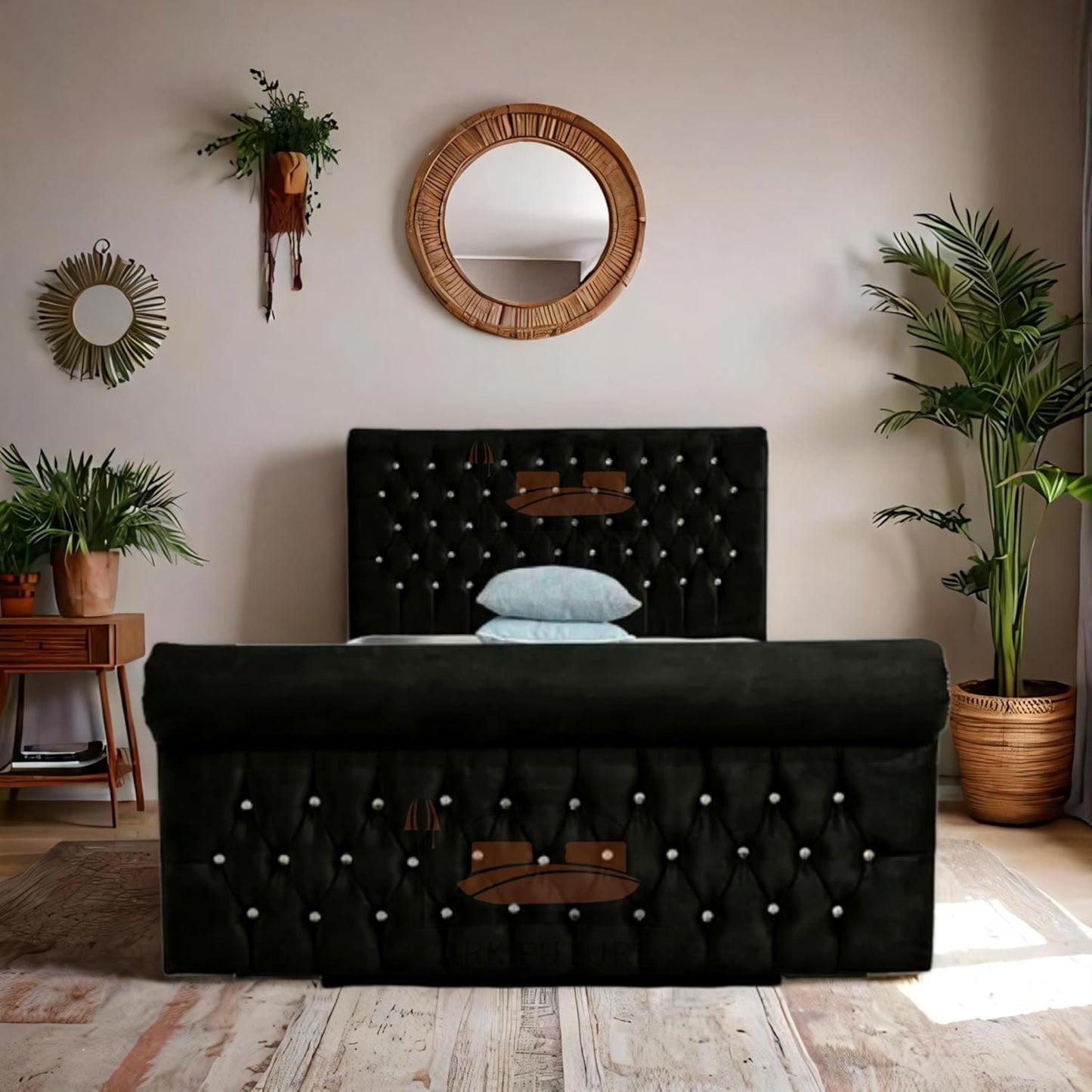 Aveline Upholstered Bed Frame with Velvet or Fabric Finish