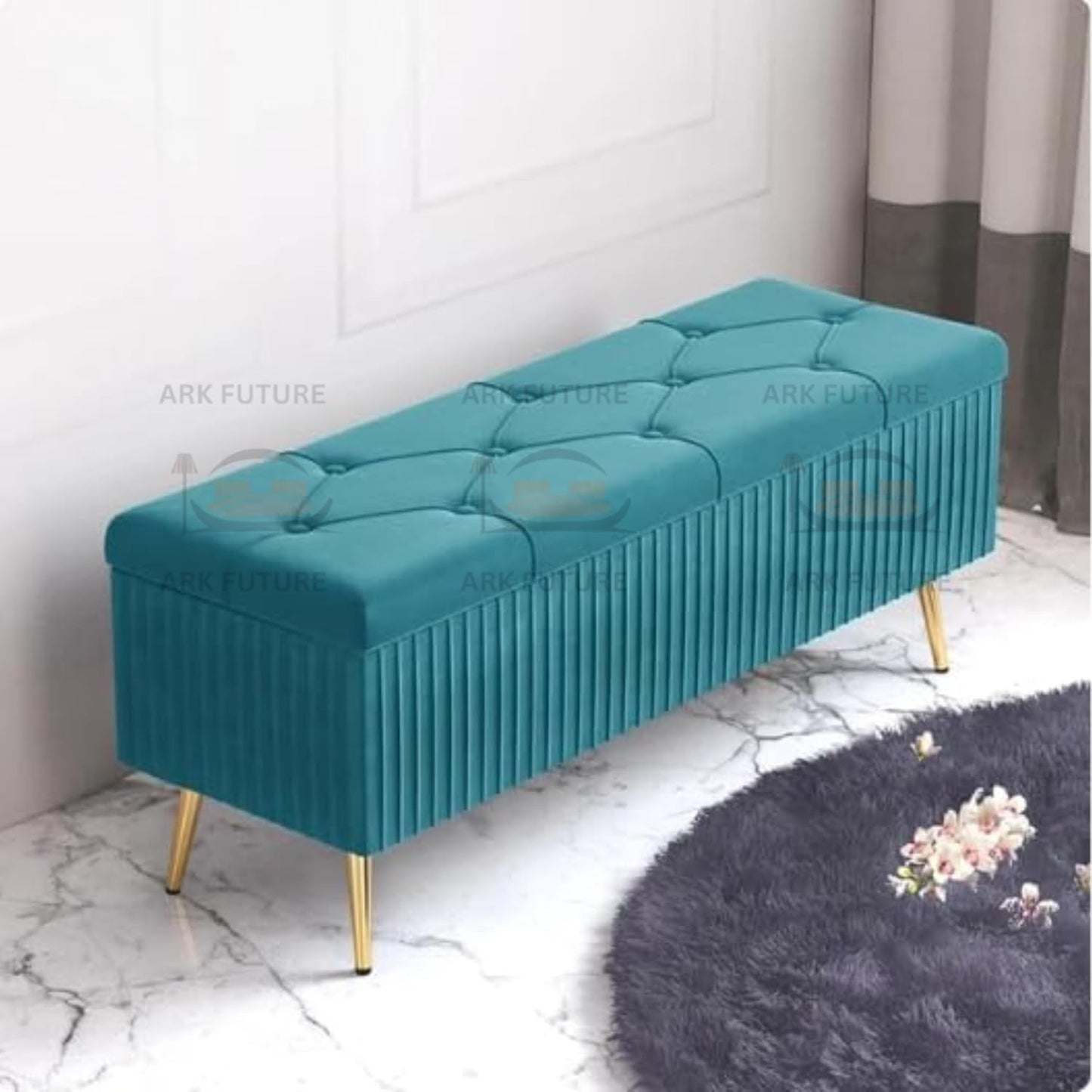 Puffy Modern Ottoman Storage Velvet Bench with Gold Metal Legs - Upholstered