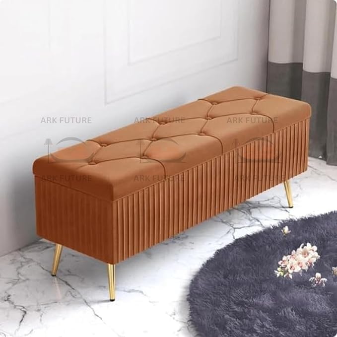 Puffy Modern Ottoman Storage Velvet Bench with Gold Metal Legs - Upholstered