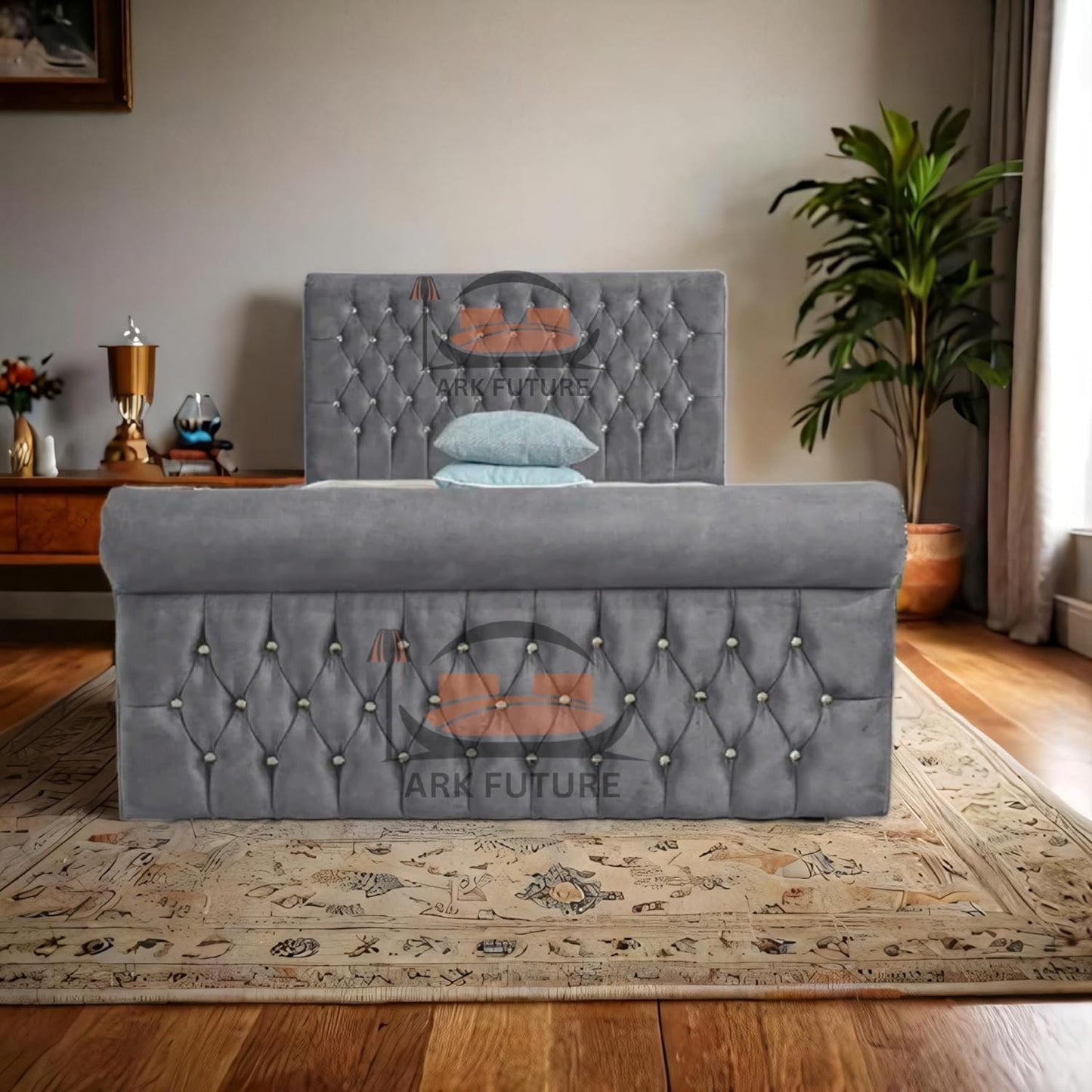 Aveline Upholstered Bed Frame with Velvet or Fabric Finish