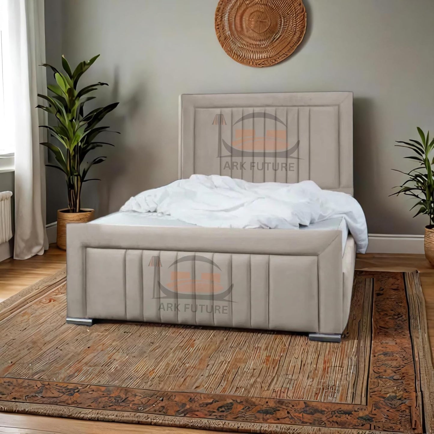 Dean Sand Upholstered Bed Frame – Modern Design, Sturdy Wood, Padded Headboard