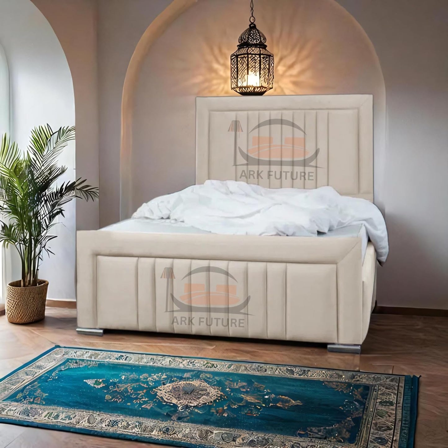 Dean Sand Upholstered Bed Frame – Modern Design, Sturdy Wood, Padded Headboard